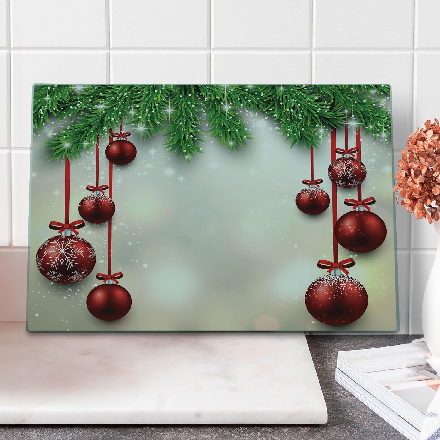 Christmas Cutting Board, Xmas Traditional Winter Season Theme Fir Twigs and Vibrant Balls Graphic Print, Decorative Tempered Glass Cutting and Serving Board, Large Size, Red Green, by Ambesonne