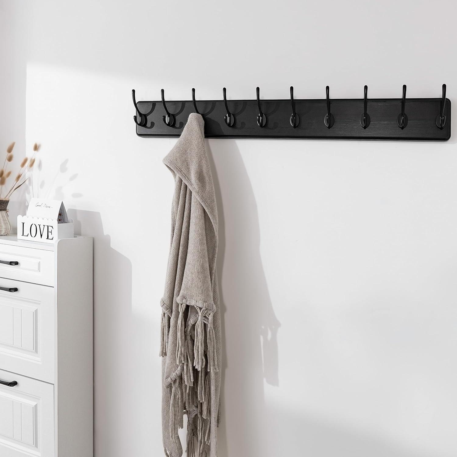 Large Black Pine Wood Wall Mounted Coat Rack with 10 Hooks