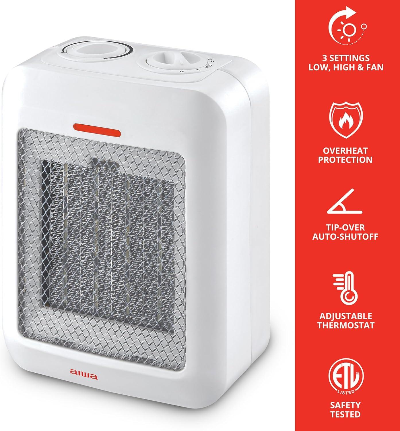 Aiwa 1500W Small Ceramic Room Heater, Overheat Protection, Tip over Auto Shutoff - Black