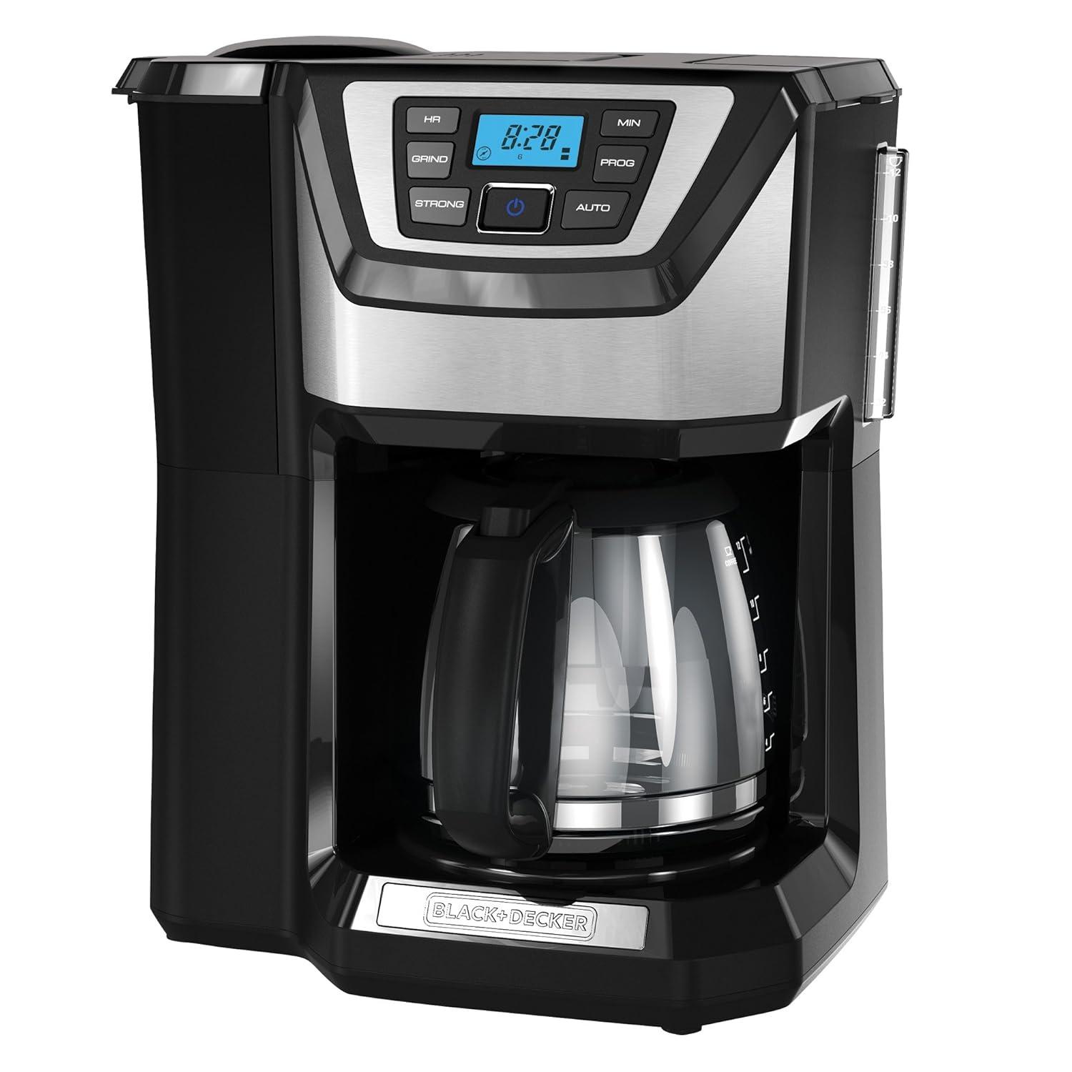 BLACK+DECKER 12-Cup Mill and Brew Coffee Maker, Automatic Grind and Brew Drip Coffee Machine, Programmable, Sneak-A-Cup, Reusable Filter