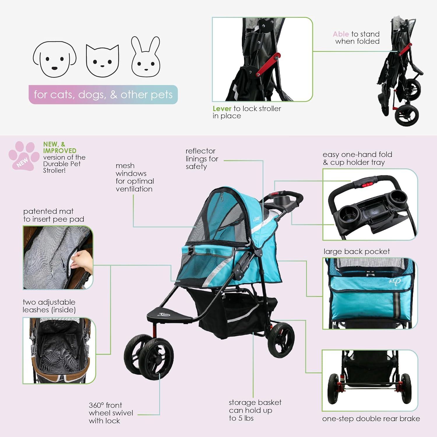 Petique Revolutionary Stroller, Dog Cart for Small to Medium Size Pets, Ventilated Pet Jogger for Cats & Dogs