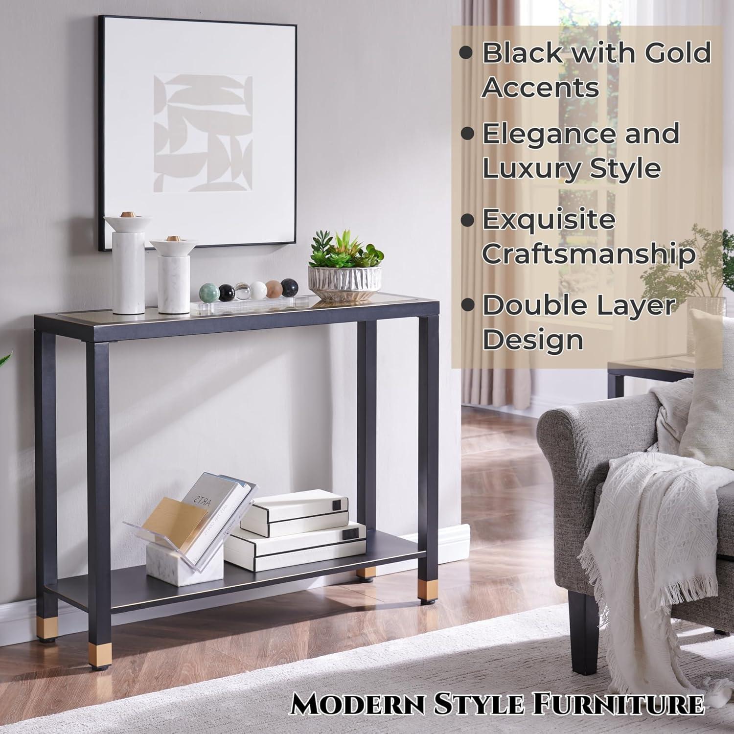 Black Metal and Glass 2-Tier Console Table with Storage