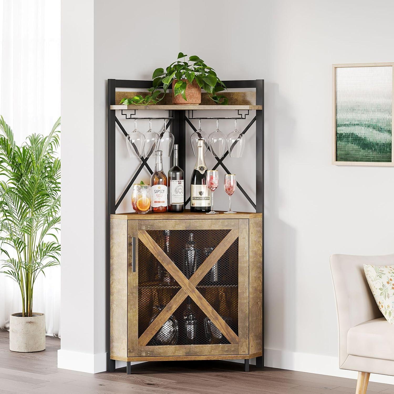 Dextrus Corner Bar Cabinet with Glass & Wine Holder,  Industrial 5 Tier Corner Cabinet with Doors, Corner Shelf for Home/Living Room/Kitchen, Rustic Brown