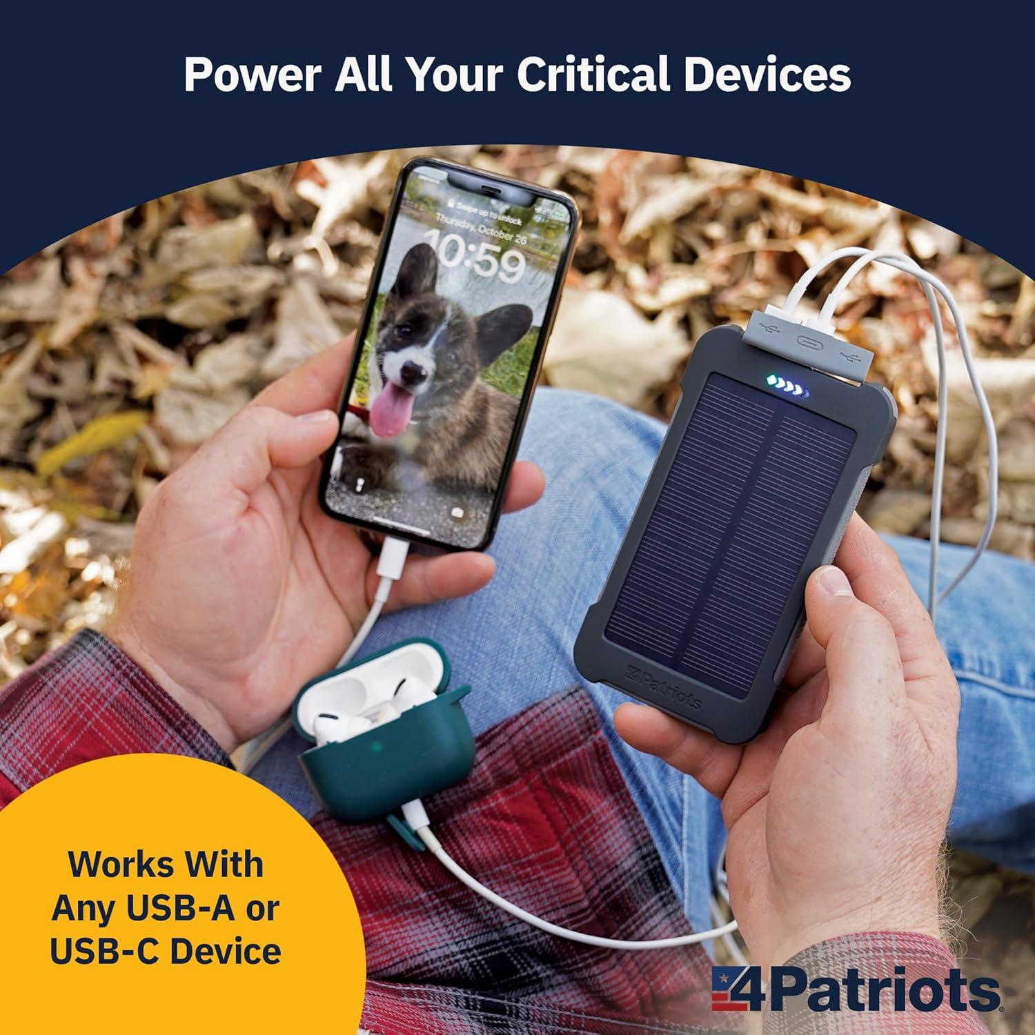 4Patriots 4-Pack Patriot Power Cell Bundle: Portable Solar Power, Rechargeable Battery 2 USB Ports, 8,000 mAh Lithium Polymer Battery, LED Flashlight & IP67 Water Resistant for Hiking or Emergencies