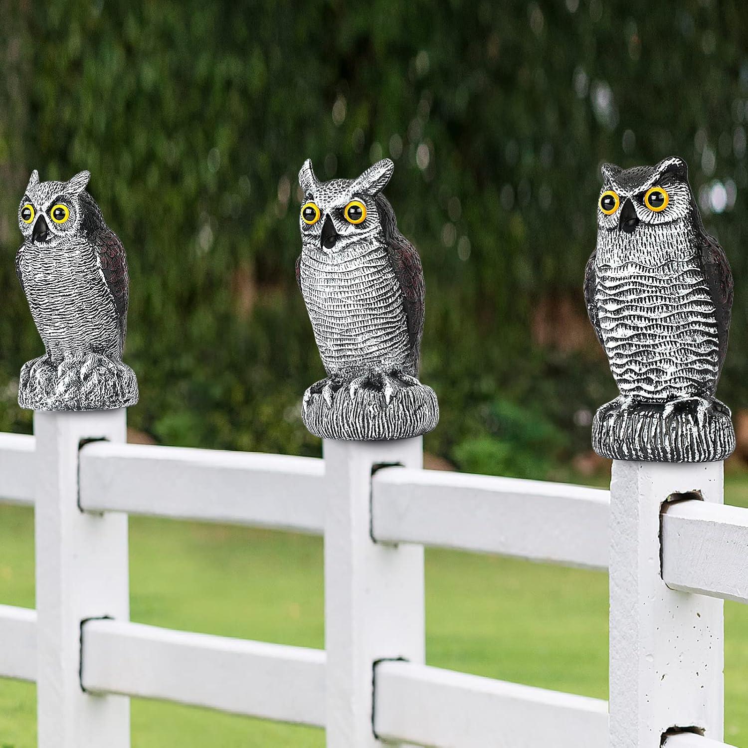 3 Pack Fake Owl Decoys to Scare Birds Away from Gardens and Patios, Lifelike Simulation Owl Bird Deterrent, Nature Enemy Scarecrow Plastic Owl Statues, Pest Repellent, Pigeon Deterrent
