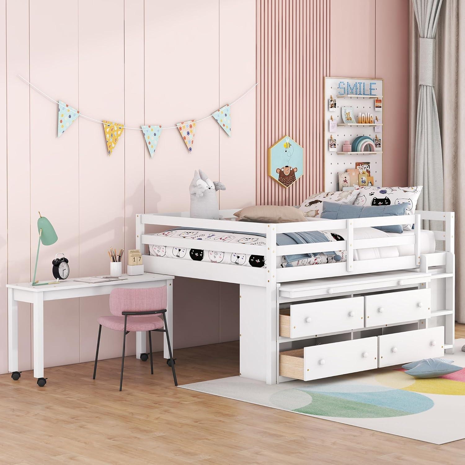 Full Size Low Loft Bed With Storage, Portable Desk & 4 Drawers, Wood Frame With Shelves, Modern Farmhouse Junior Loft for Kids Boys Girls, White