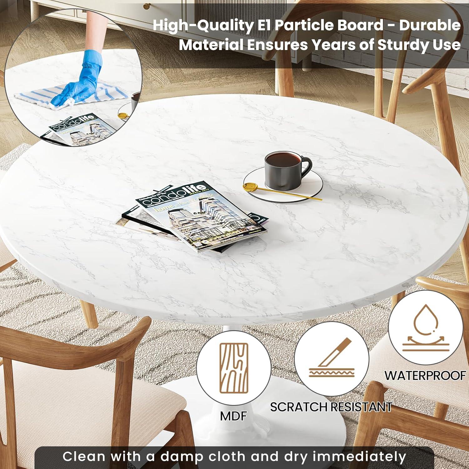 White Marble Round Dining Table, 31.5" Tulip Table Kitchen Dining Table 2-4 People with MDF Table Top & Pedestal Base, Mid-Century End Table Leisure Coffee Table Office Living Room Table