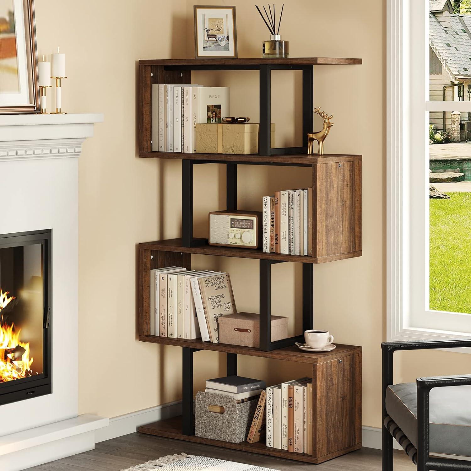 Retro Brown S-Shaped 5-Tier Particle Board and Metal Bookshelf