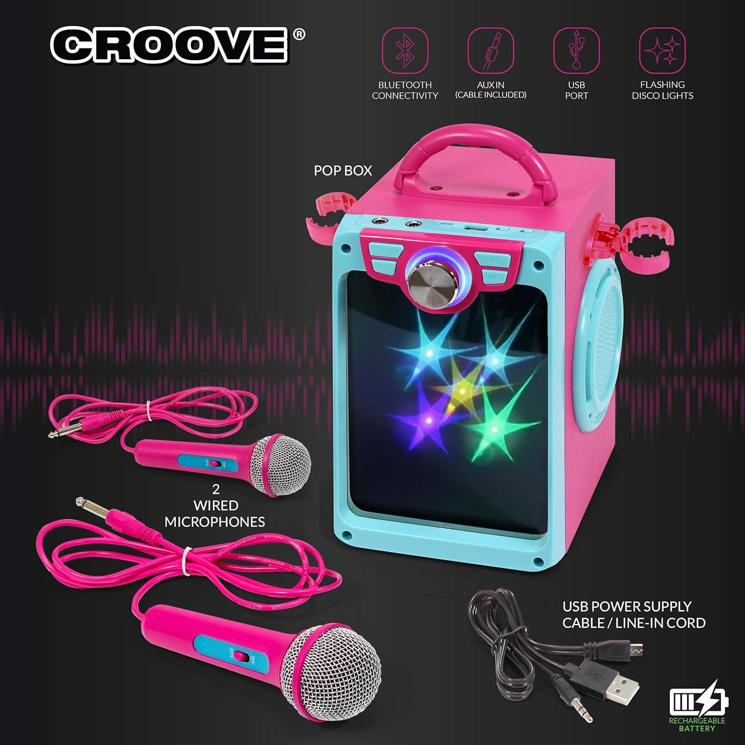 Croove POP Box Karaoke Machine for Kids with 2 Microphones and Flashing Disco Lights (Pink)