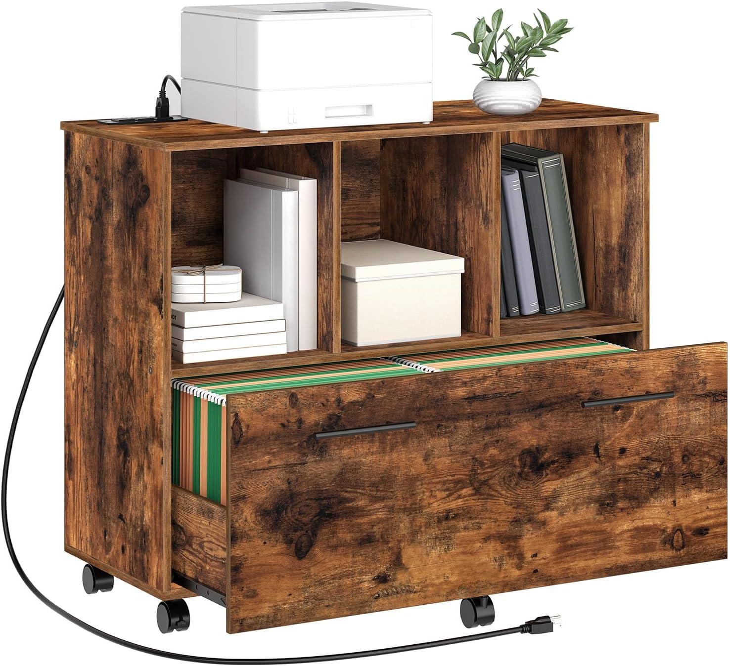 Rustic Brown Mobile Wooden File Cabinet with Charging Station