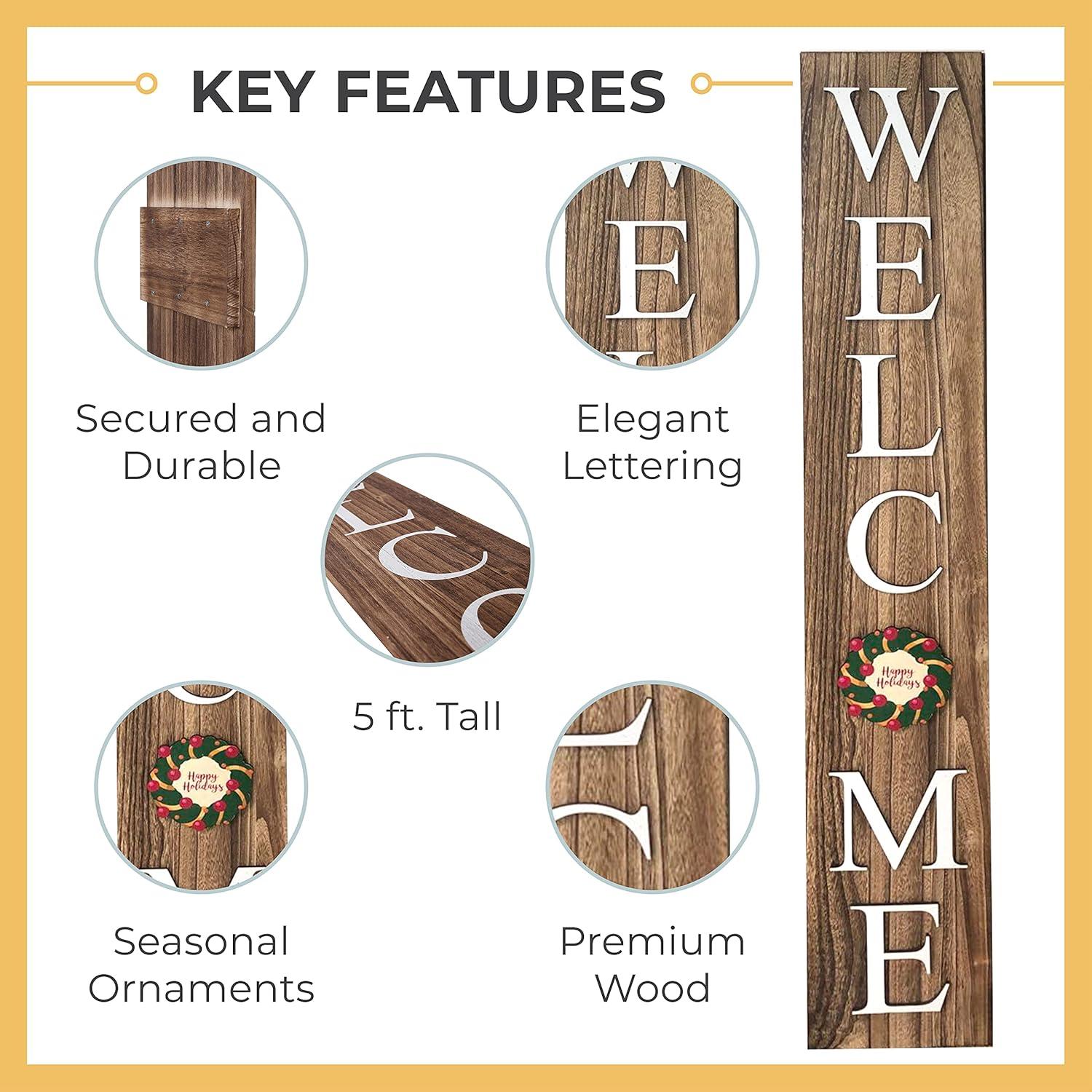ALBEN Welcome Sign For Front Door Porch With Ornamental Tiles - 8 Interchangeable Seasonal Tiles, Celebrate Holidays and Seasons, Vertical Wooden Outdoor and Indoor Welcome Home Decor Sign