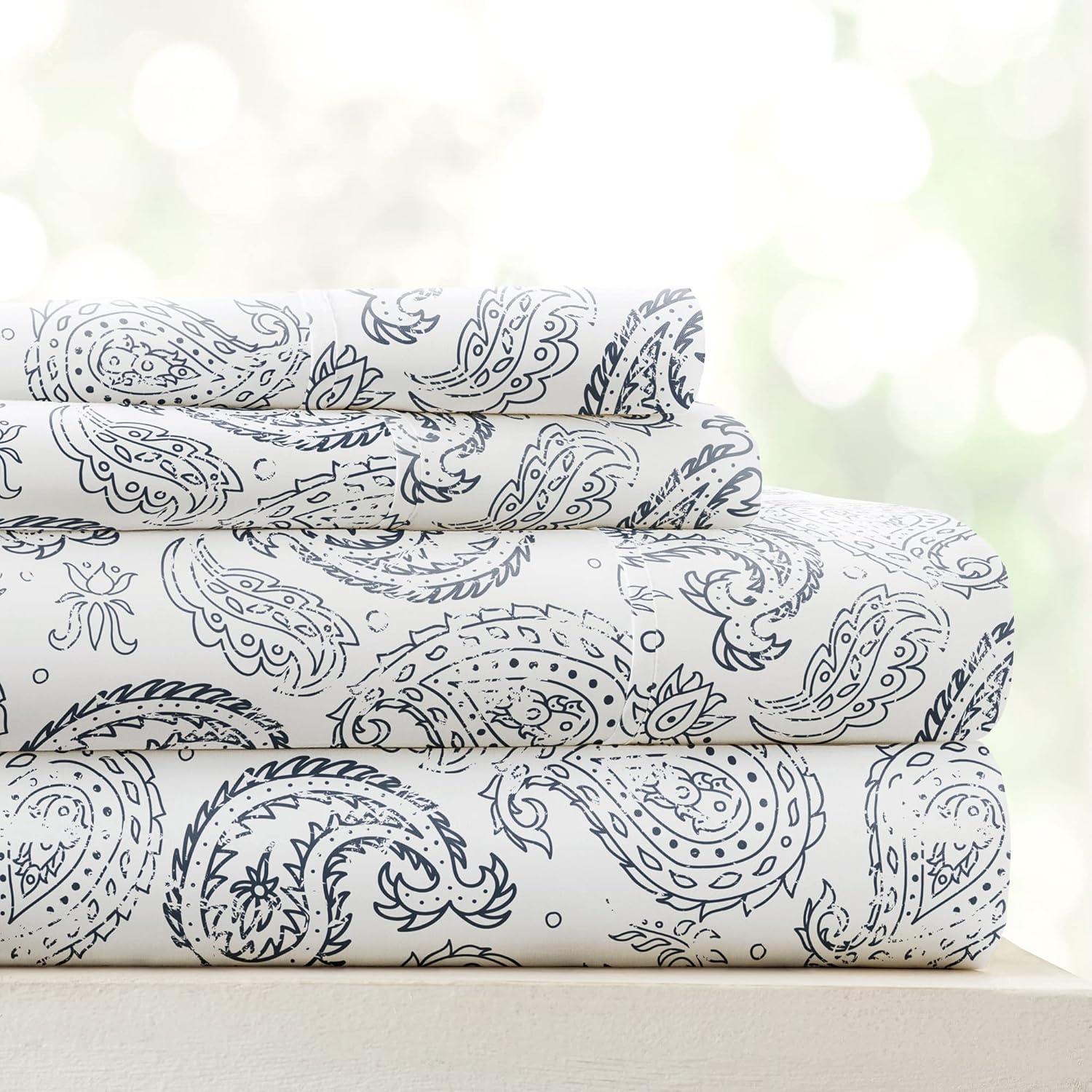 Navy Floral Microfiber Full Sheet Set with Deep Pockets