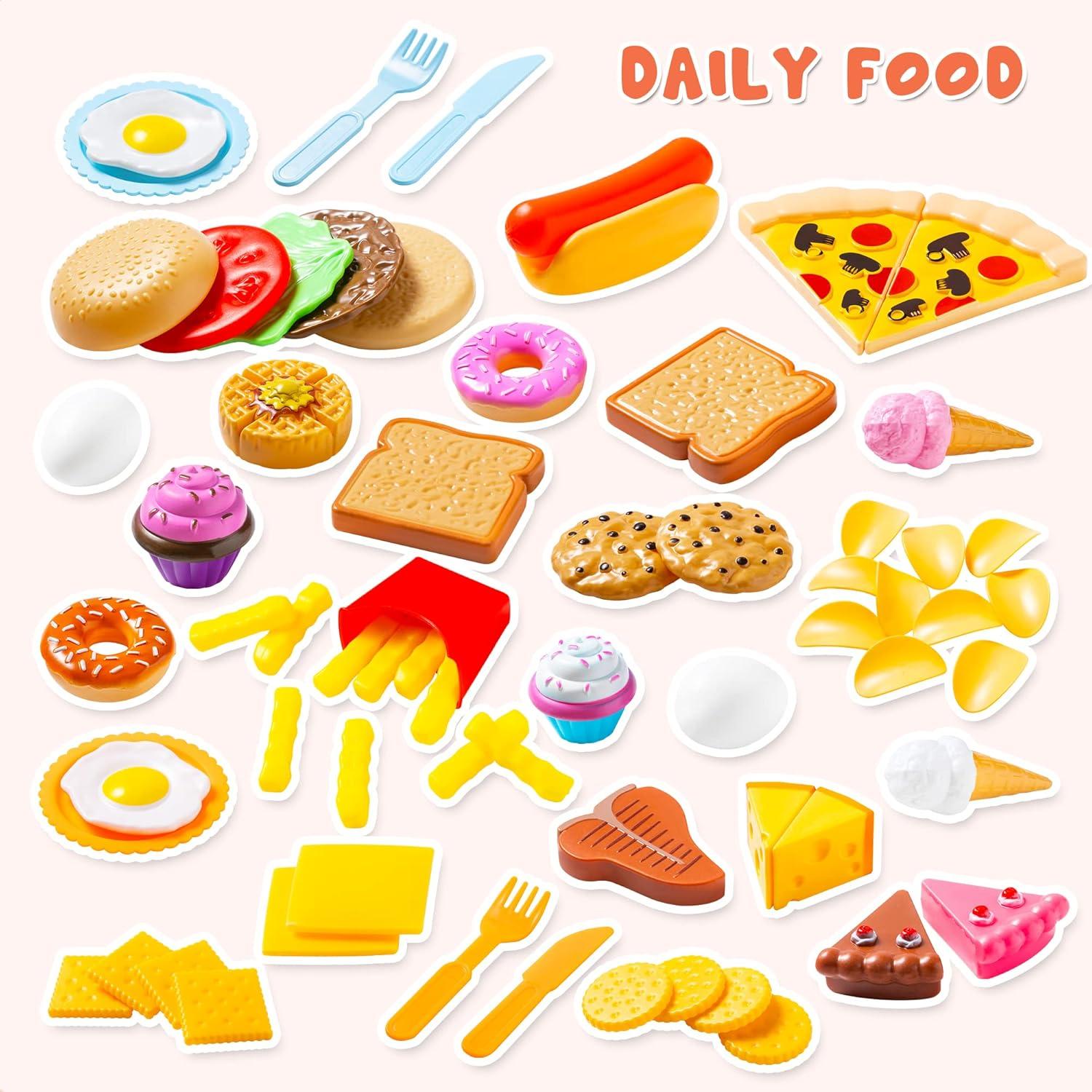 SYNCFUN 135Pcs Kids Play Food Set, Pretend Food Toys for Play Kitchen with Fruit, Vegetable, Food Can, Dessert, for Toddler Boys Girls 2 3 4 5 6 Years