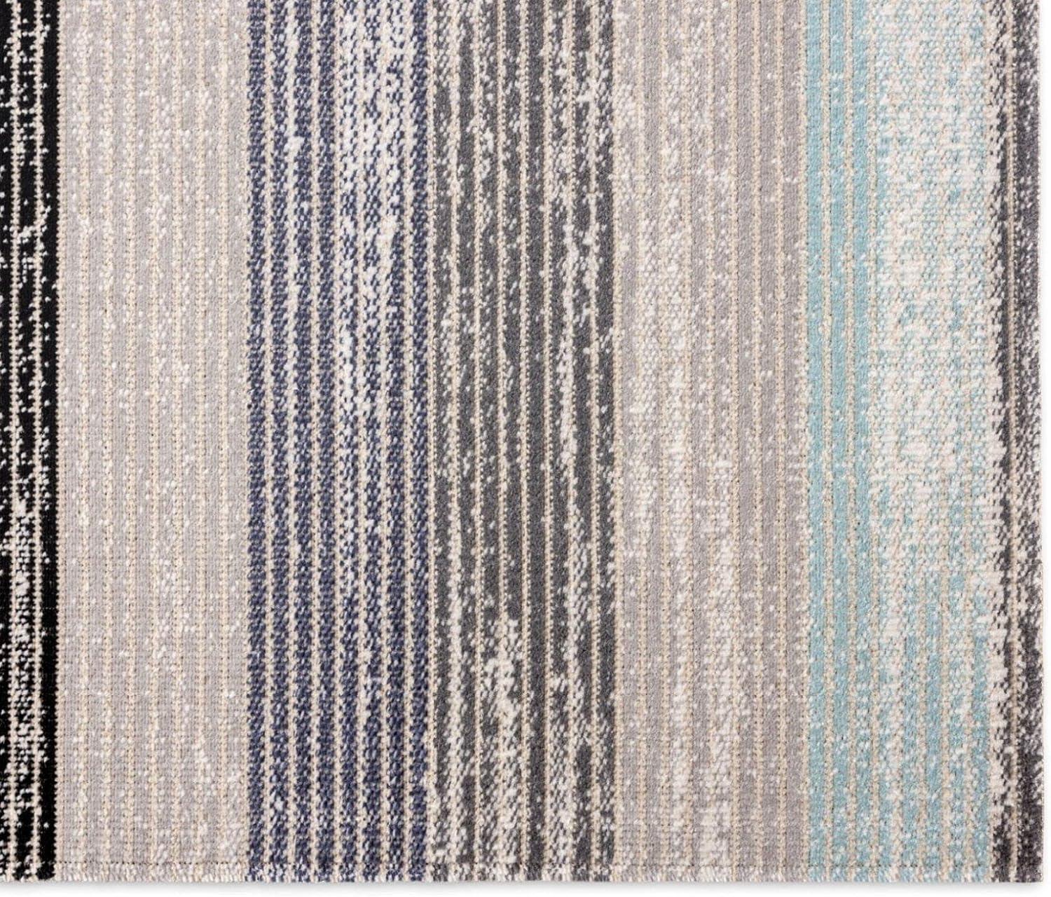 Gray and Blue Striped Synthetic Indoor/Outdoor Rug