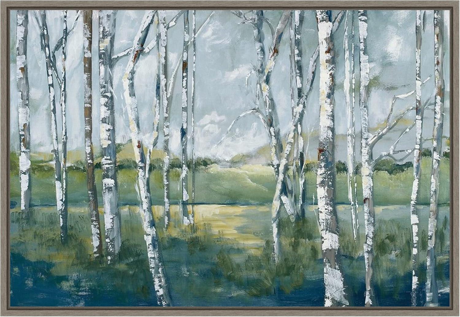 Woodland Magic Birch Trees Landscape Canvas Print in Greywash Frame