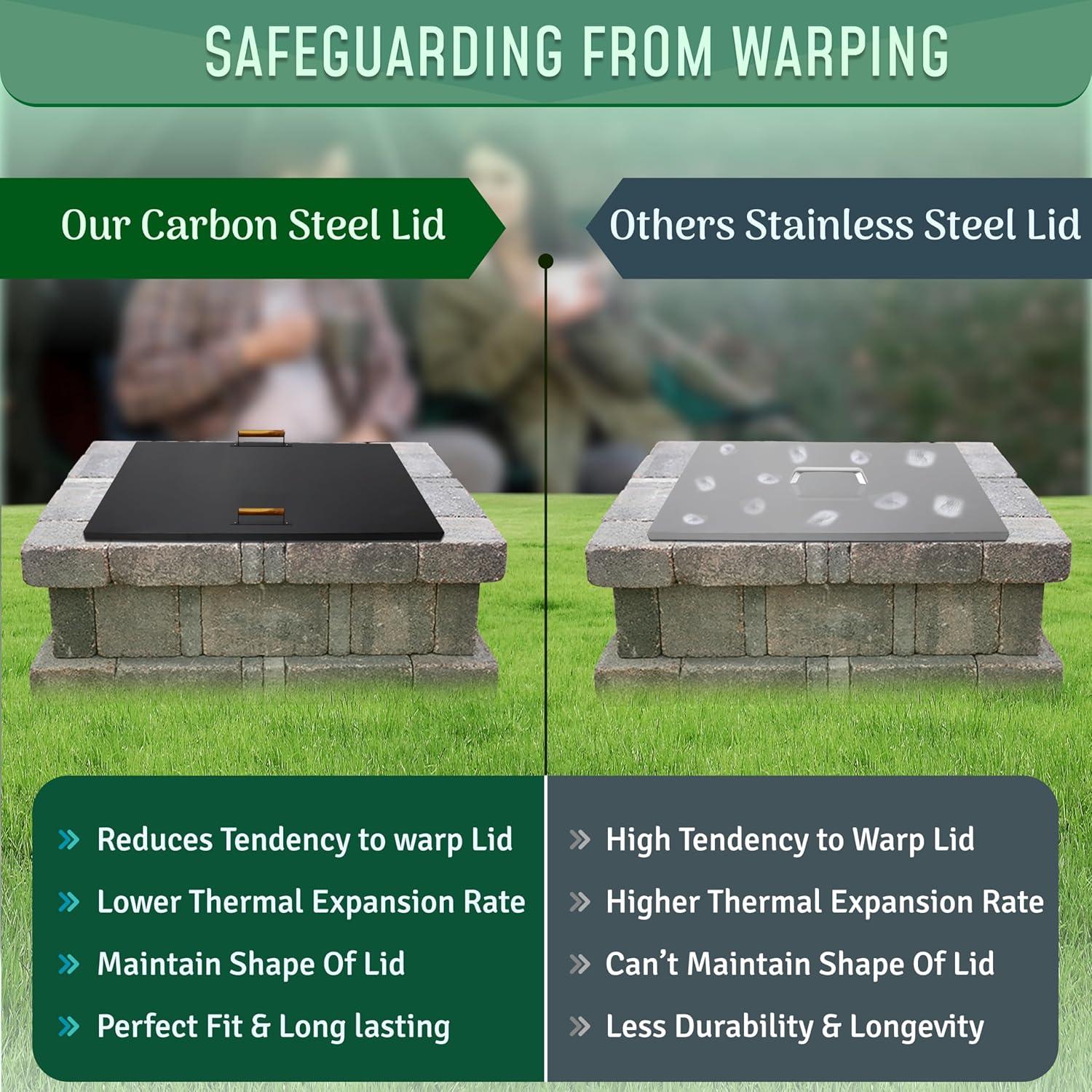 38" x 38" - Fire Pit Lid - Steel Fire Pit Snuffer Lid Cover Square - Drop-in Burner Fire Pit Pan Lid - 1.5 mm Thickness for Outdoor Fire Pit