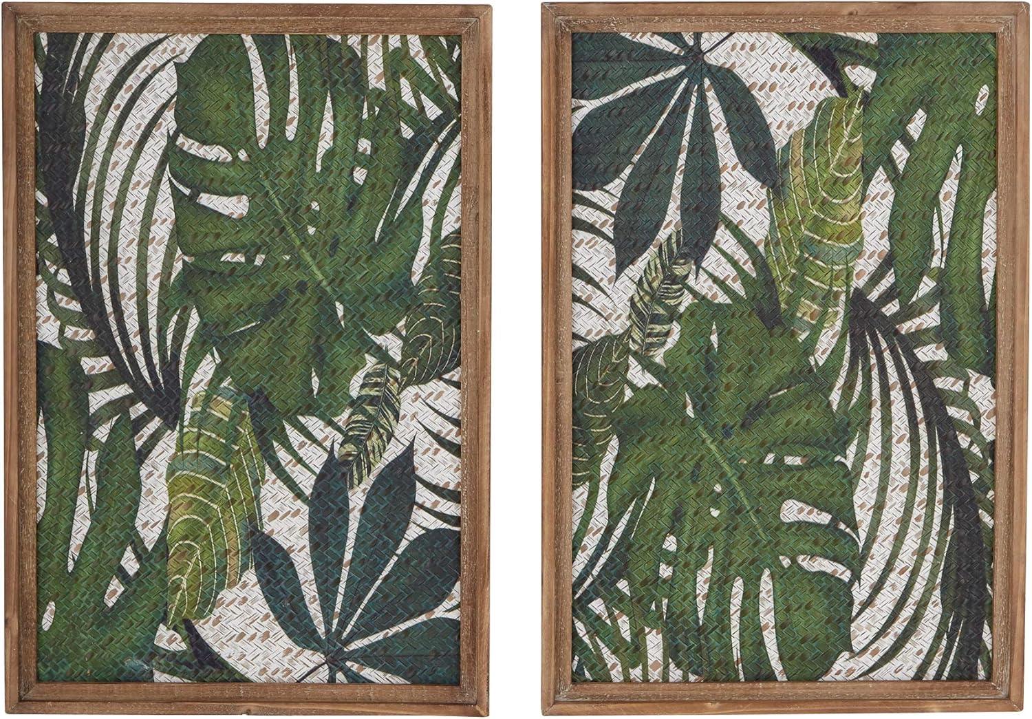 Green Tropical Leaf Canvas Wall Art with Brown Frame, Set of 2