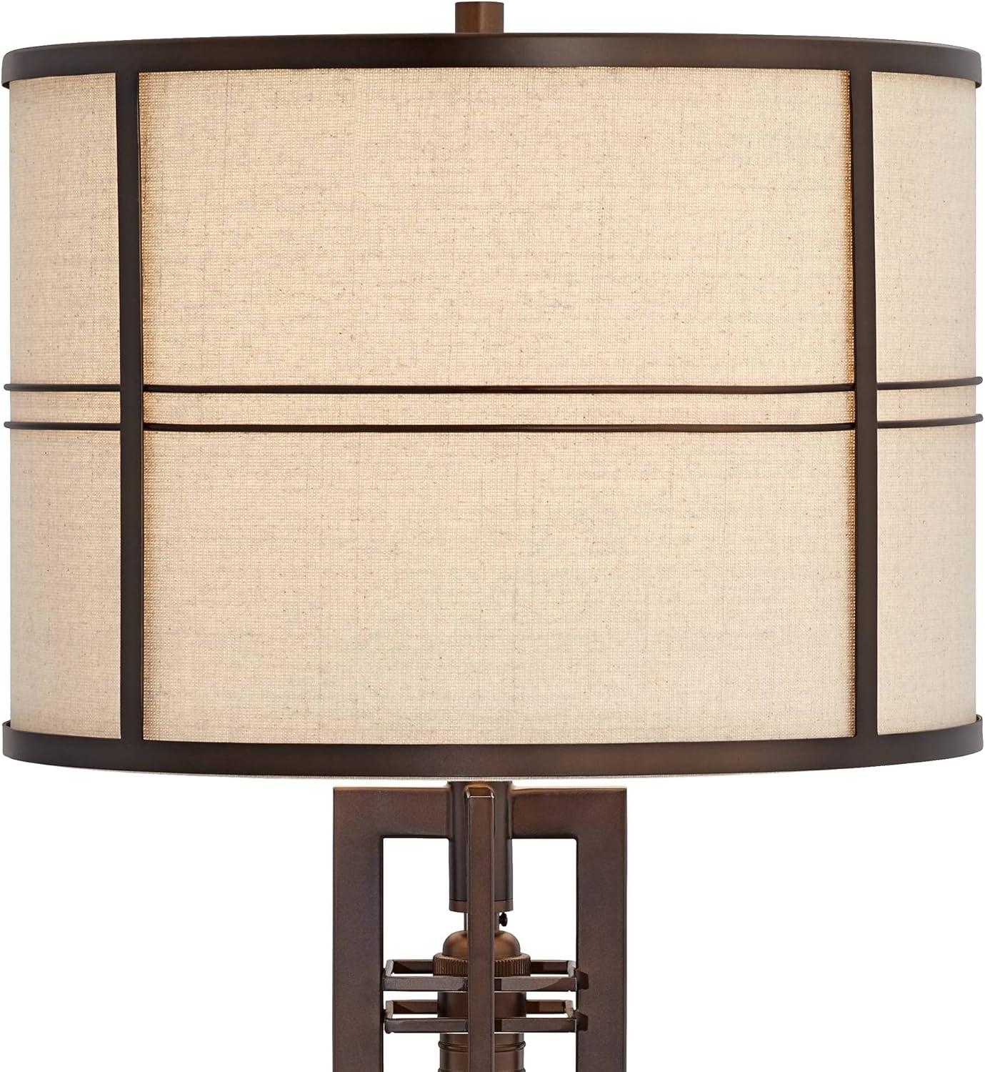 Franklin Iron Works Elias Modern Industrial Table Lamp 28" Tall Oiled Bronze with Nightlight Off White Oatmeal Drum Shade for Bedroom Living Room Kids