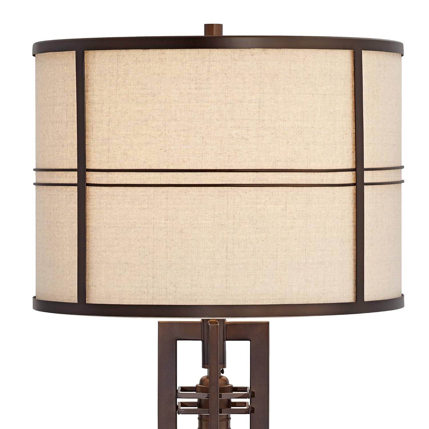 Franklin Iron Works Elias Modern Industrial Table Lamp 28" Tall Oiled Bronze with Nightlight Off White Oatmeal Drum Shade for Bedroom Living Room Kids