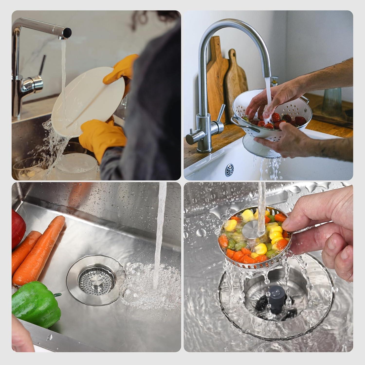 Hibbent 3-in-1 Kitchen Sink Drain Strainer  Stopper , Stainless Steel Pop-Up Design, Anti-Clogging Metal Basket with Handle, Compatible with US Standard 3-1/2" Drain