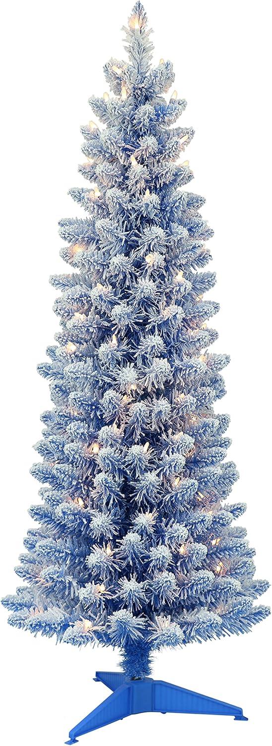 Pre-Lit 4.5' Flocked Fashion Blue Pencil Artificial Christmas Tree with 100 Lights, Blue