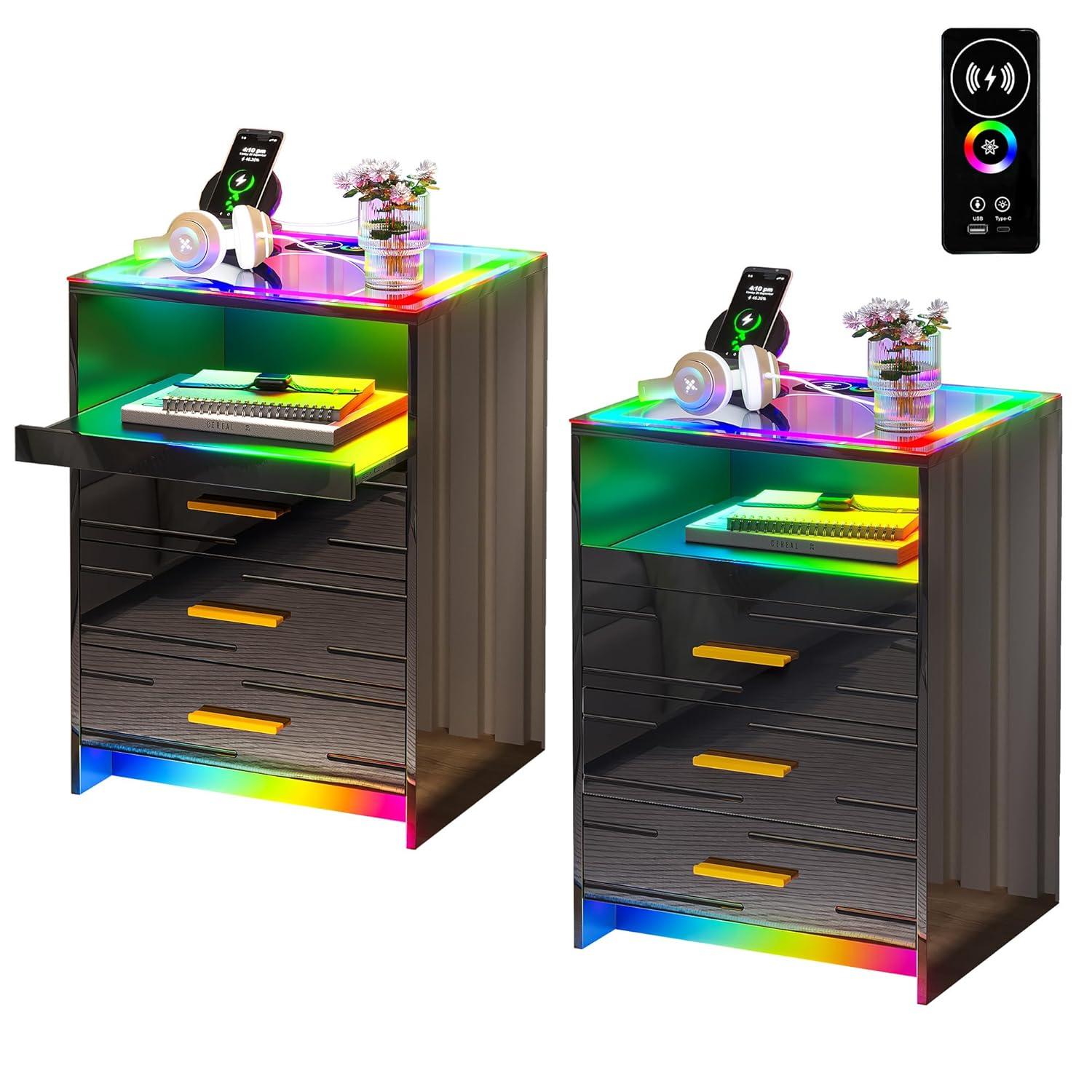 HNEBC Smart LED Nightstand with Wireless Charging & USB Ports, High Glossy Night Stand with 3 Drawers and 1 Pull-Out Tray, Modern Bedside Table with Human Sensor for Bedroom (White)