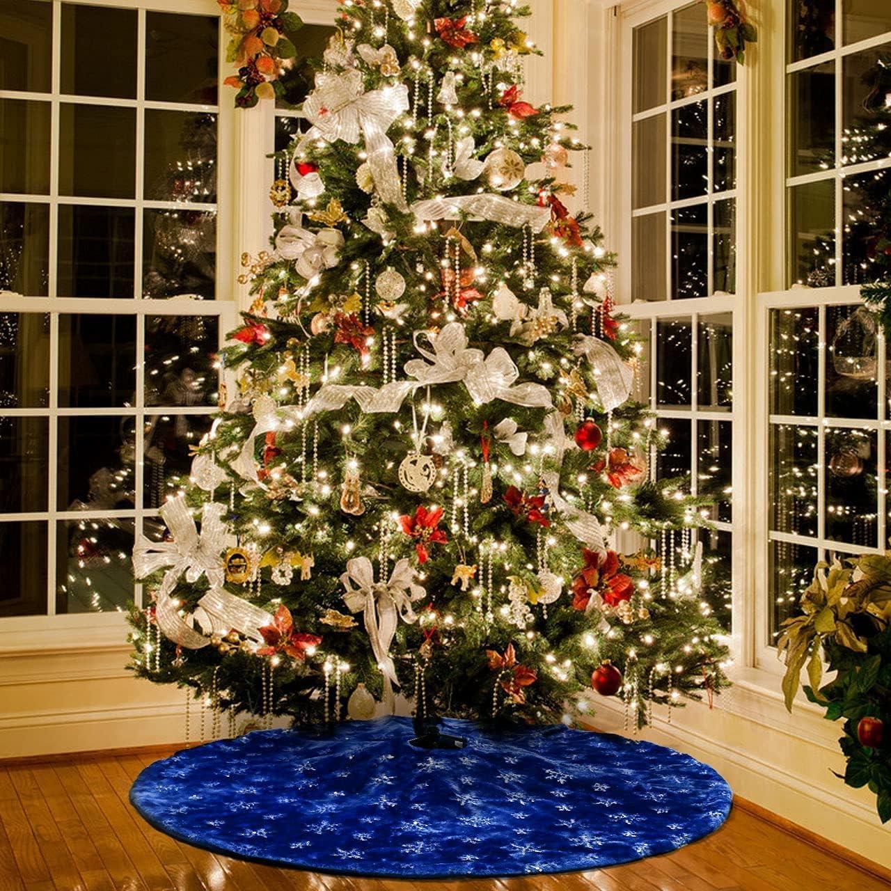 TYMZDYN Blue Christmas Tree Skirt Plush 30 inches Dark Blue Fur Christmas Tree Skirt with Silver Sequin Snowflake Xmas Tree Skirt Mat for New Year Holiday Christmas Day Decorations