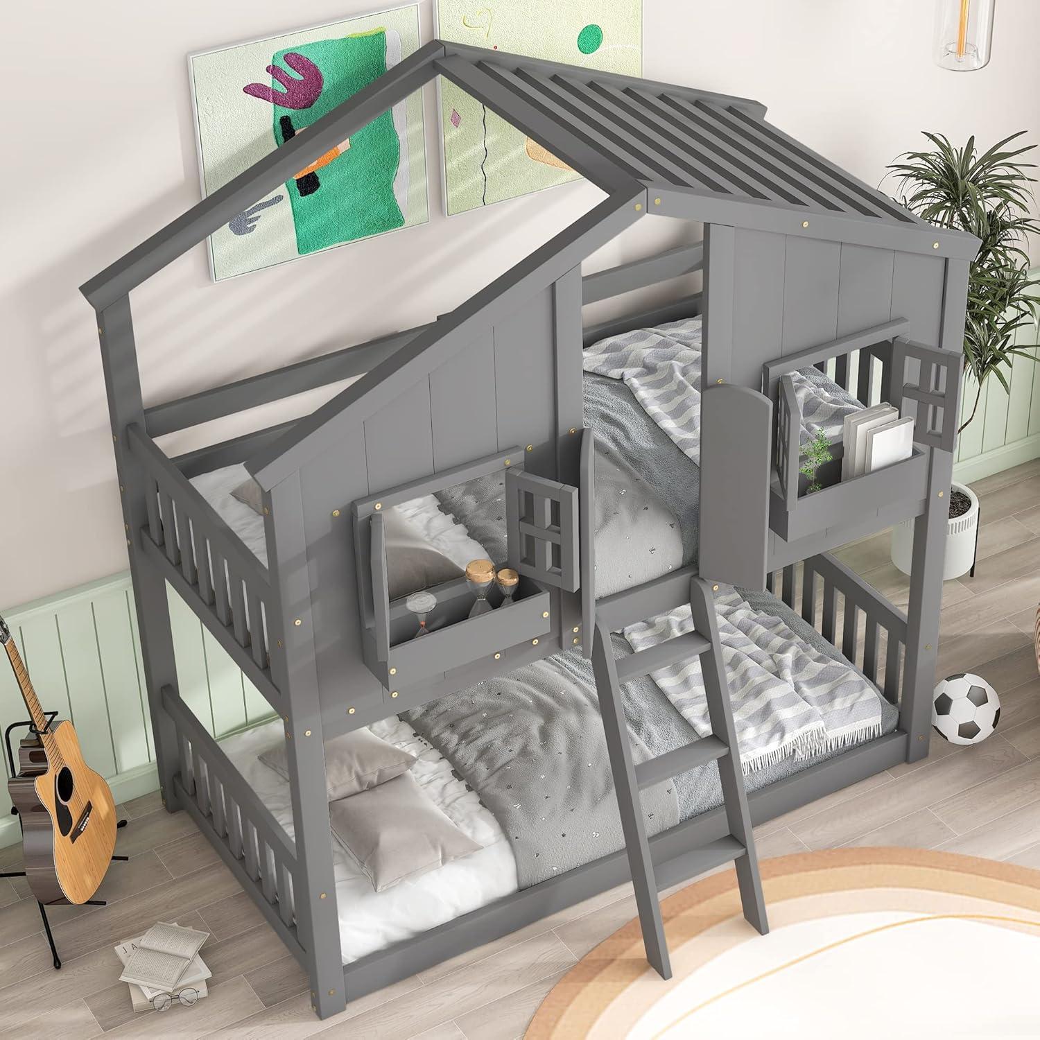 HighSound Twin Over Twin House Bunk Bed Frame with Roof, Window, Ladder and Safety Guardrails for Boys Girls, White & Pink