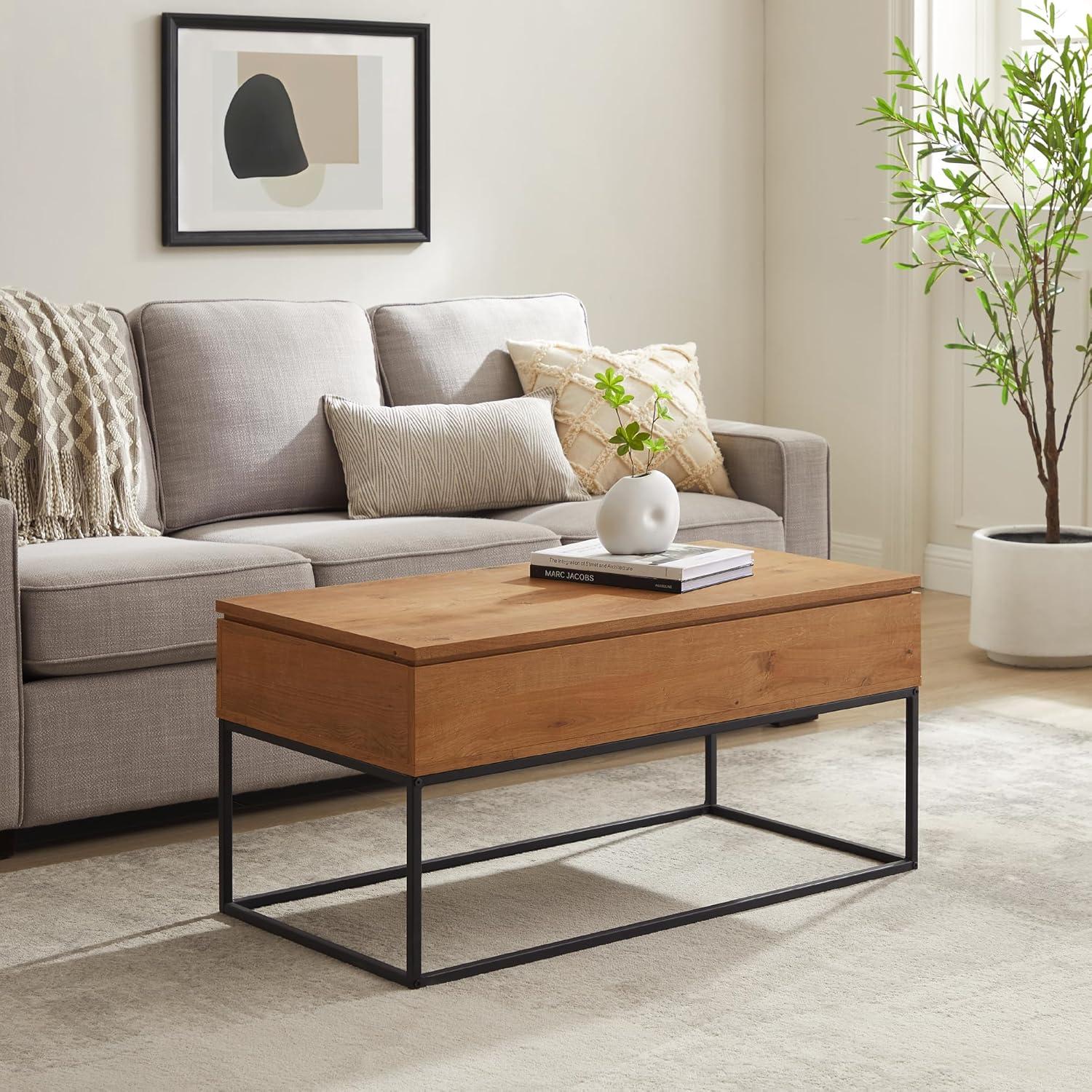 Walker Edison Modern Wood and Metal Lift-Top Coffee Table, English Oak