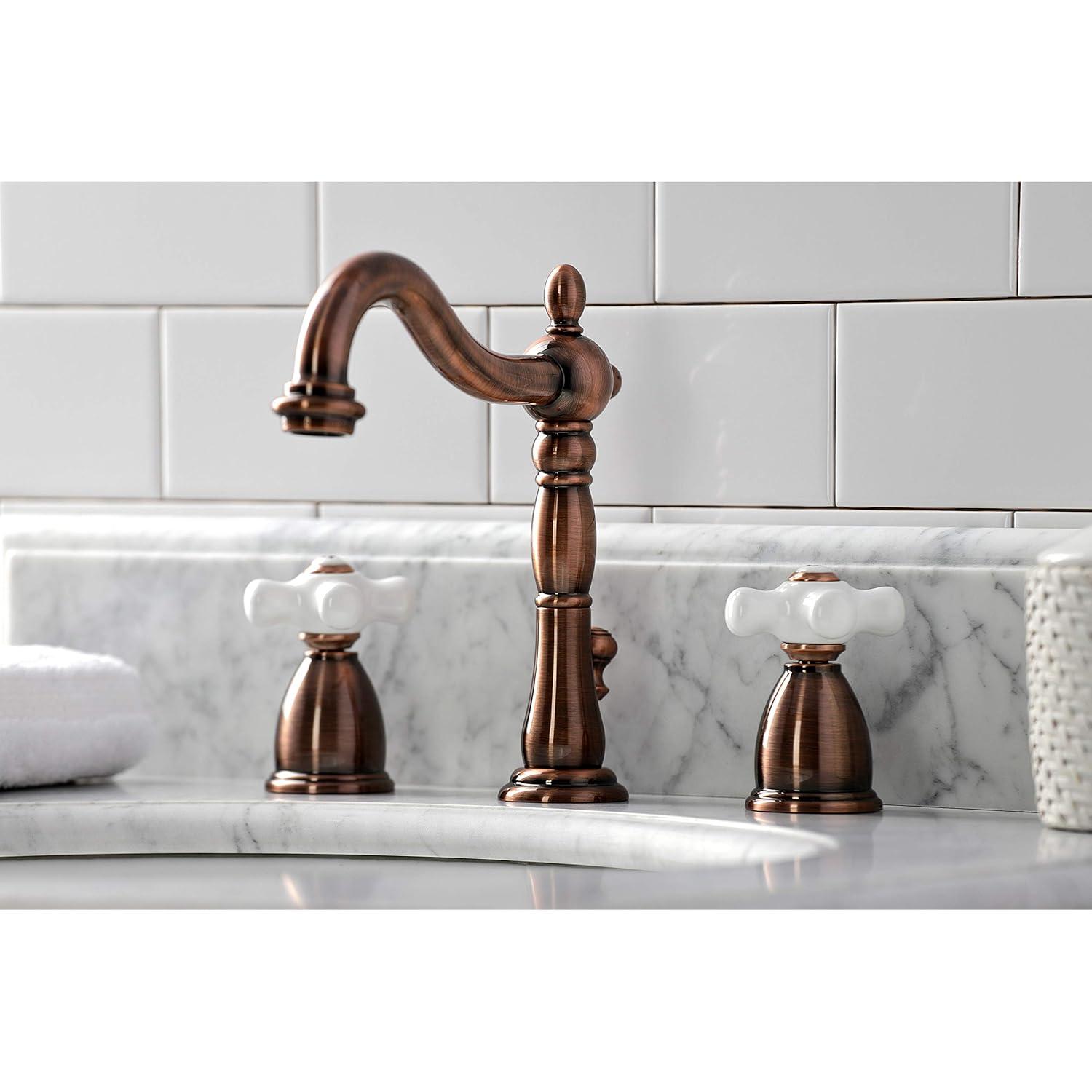 Kingston Brass Heritage Two-Handle 3-Hole Deck Mount Widespread Bathroom Faucet with Brass Pop-Up Drain