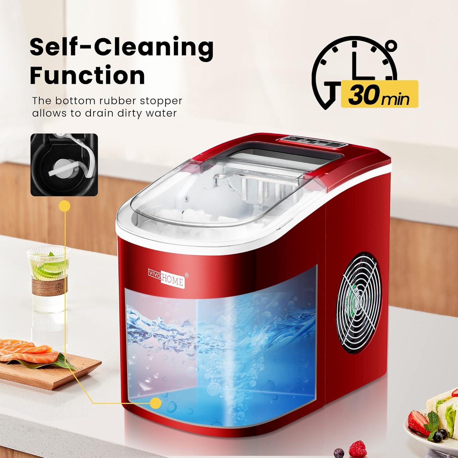 SPECSTAR Countertop Ice Maker 27Lbs/24H, Self-Cleaning Portable Ice Maker Machine with Hand Scoop 10 Ice Bags for Home/Kitchen/Party, Red