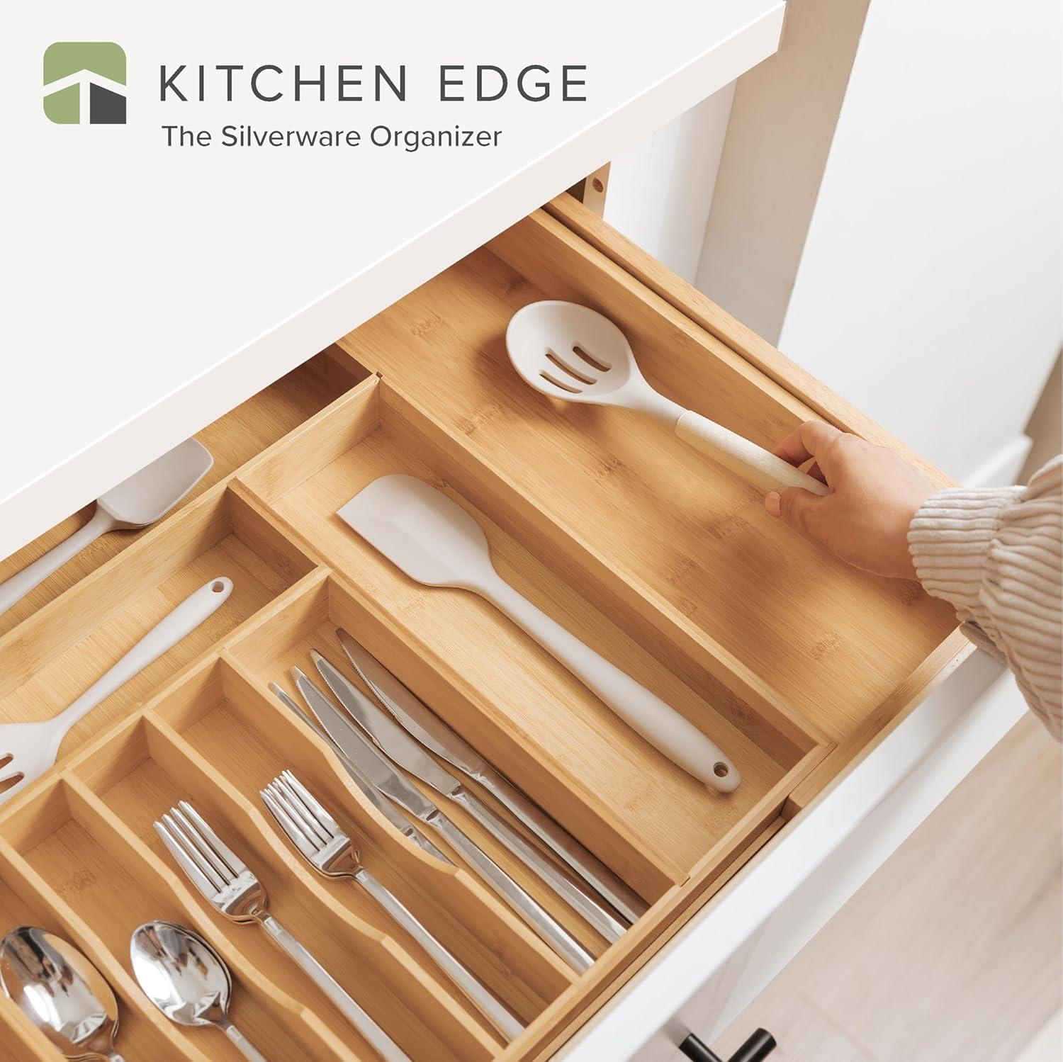 KitchenEdge Utensil Bamboo Organizer for Kitchen Drawers, Expandable to 28 in, 10 Compartments