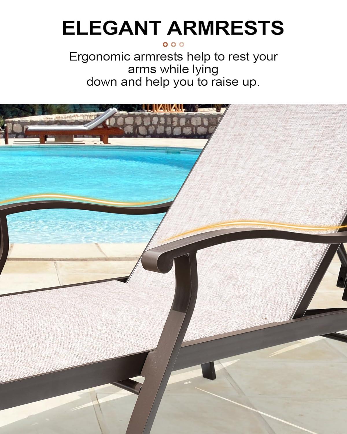 Beige Aluminum Outdoor Chaise Lounge with Armrests, Set of 2