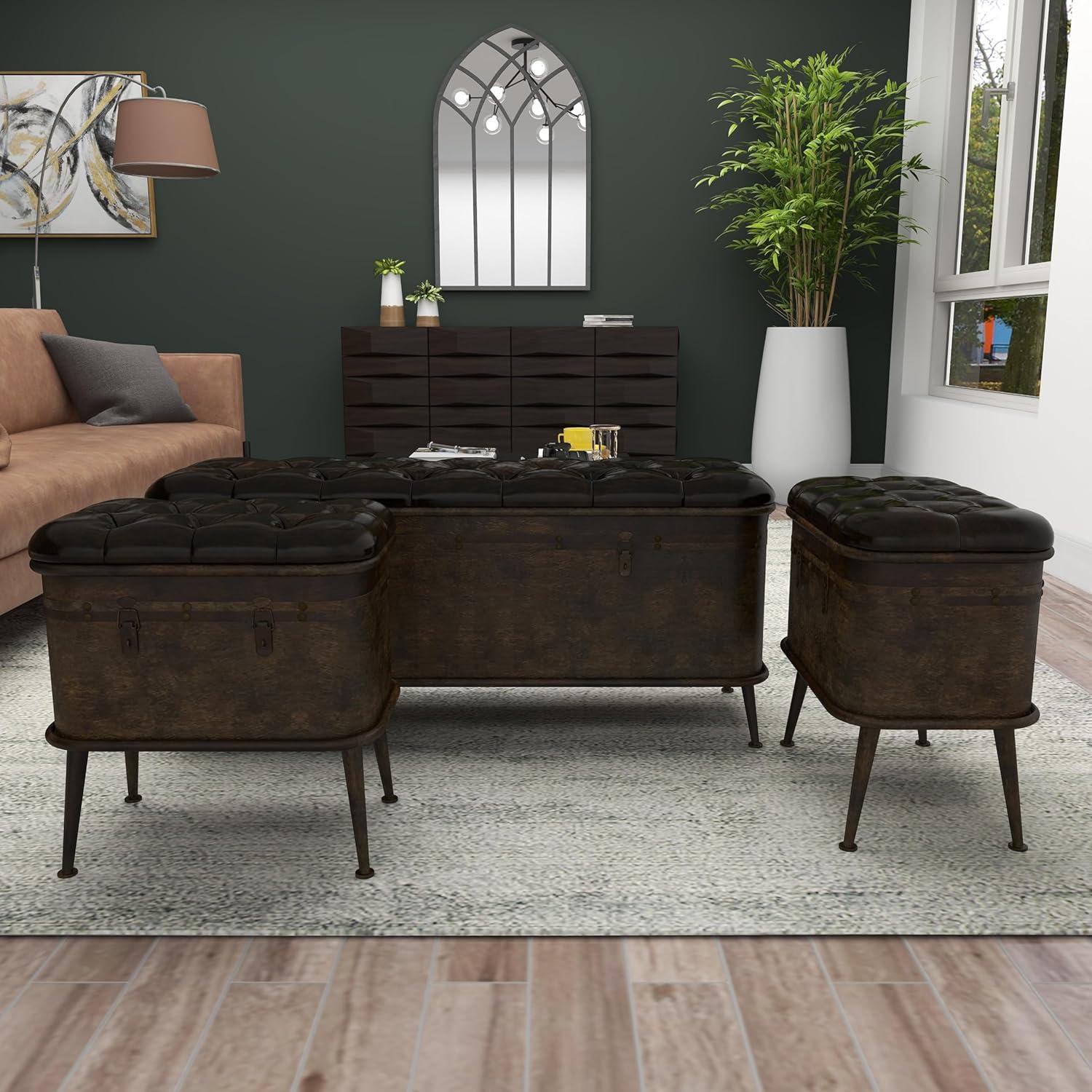 DecMode Metal Storage Bench with Tufted Faux Leather, Brown, Set of 3