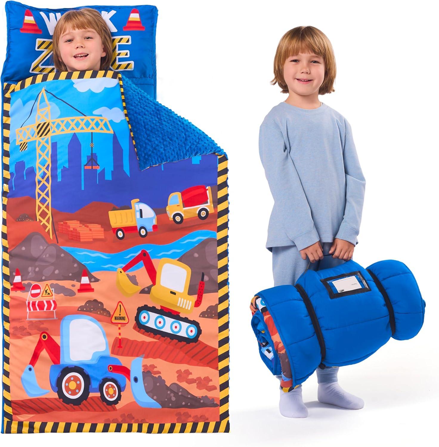 Joyfy Construction Scenes Toddler Nap Mat with Pillow & Blanket- 55''*30'' for Kids Ages 3-7 Years - Kids Roll Up Nap Mat for Preschool & Sleepovers