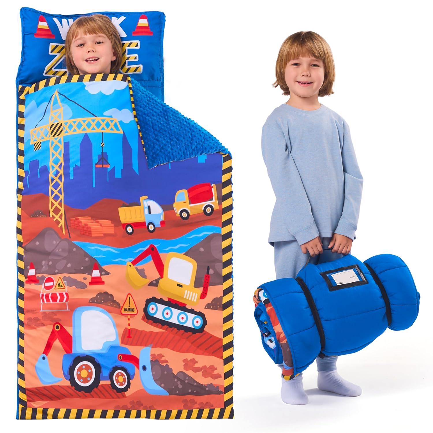 Joyfy Construction Scenes Toddler Nap Mat with Pillow & Blanket- 55''*30'' for Kids Ages 3-7 Years - Kids Roll Up Nap Mat for Preschool & Sleepovers