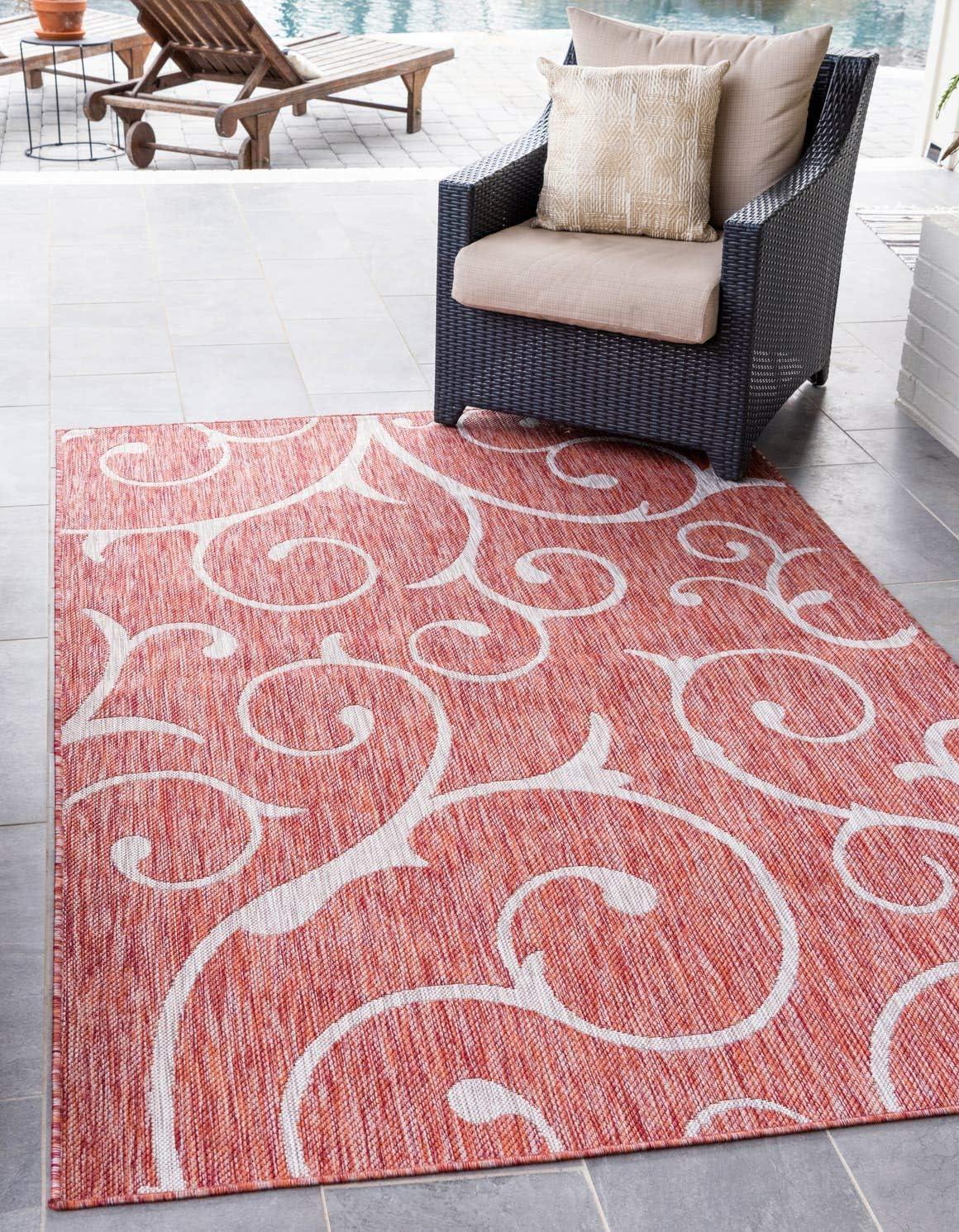 Unique Loom Outdoor Botanical Collection Area Rug - Curl (4' 1" x 6' 1" Rectangle Rust Red/Ivory)