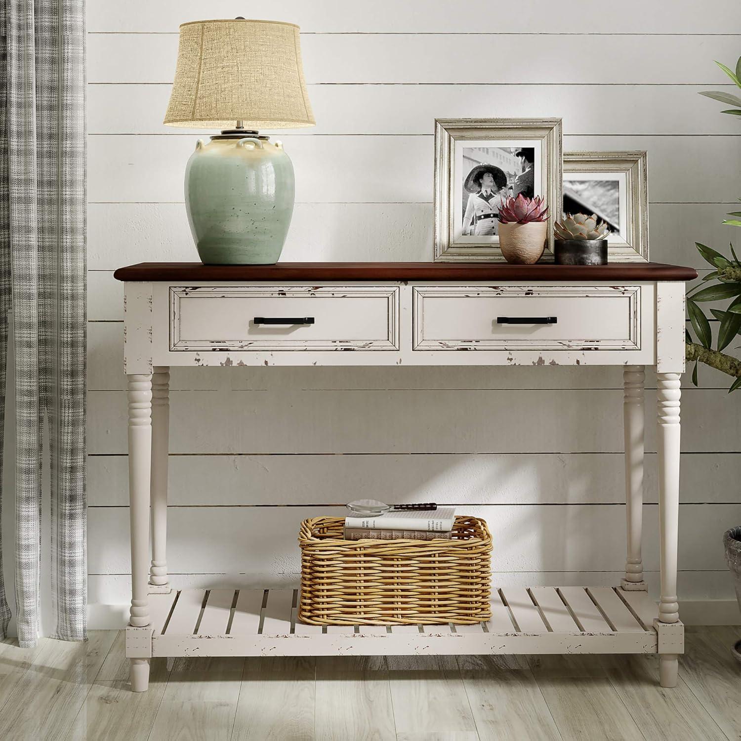 Farmhouse Antique White Wood Console Table with Storage