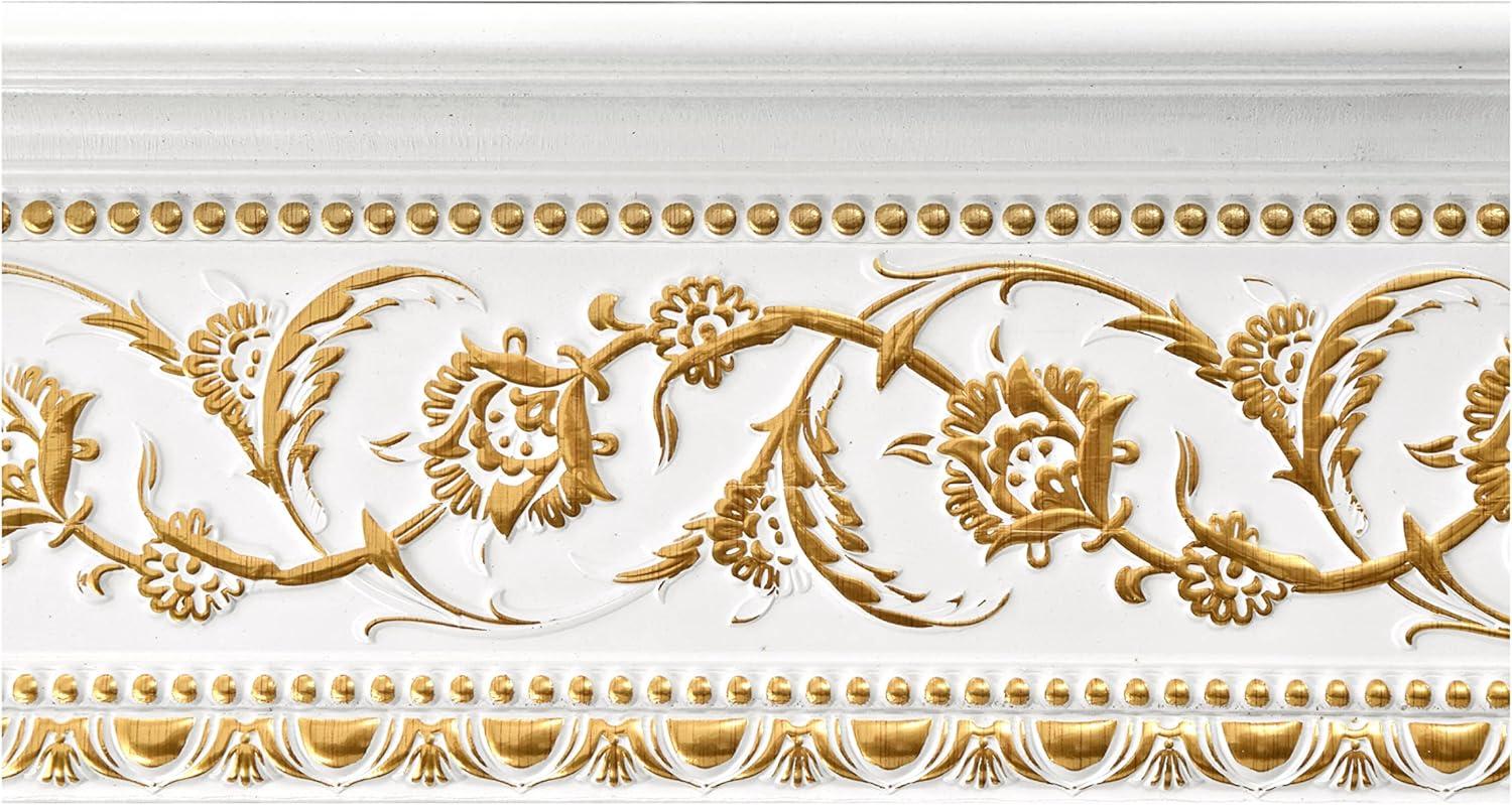 Gold Floral on French White Polystyrene Crown Moulding 94 Inch