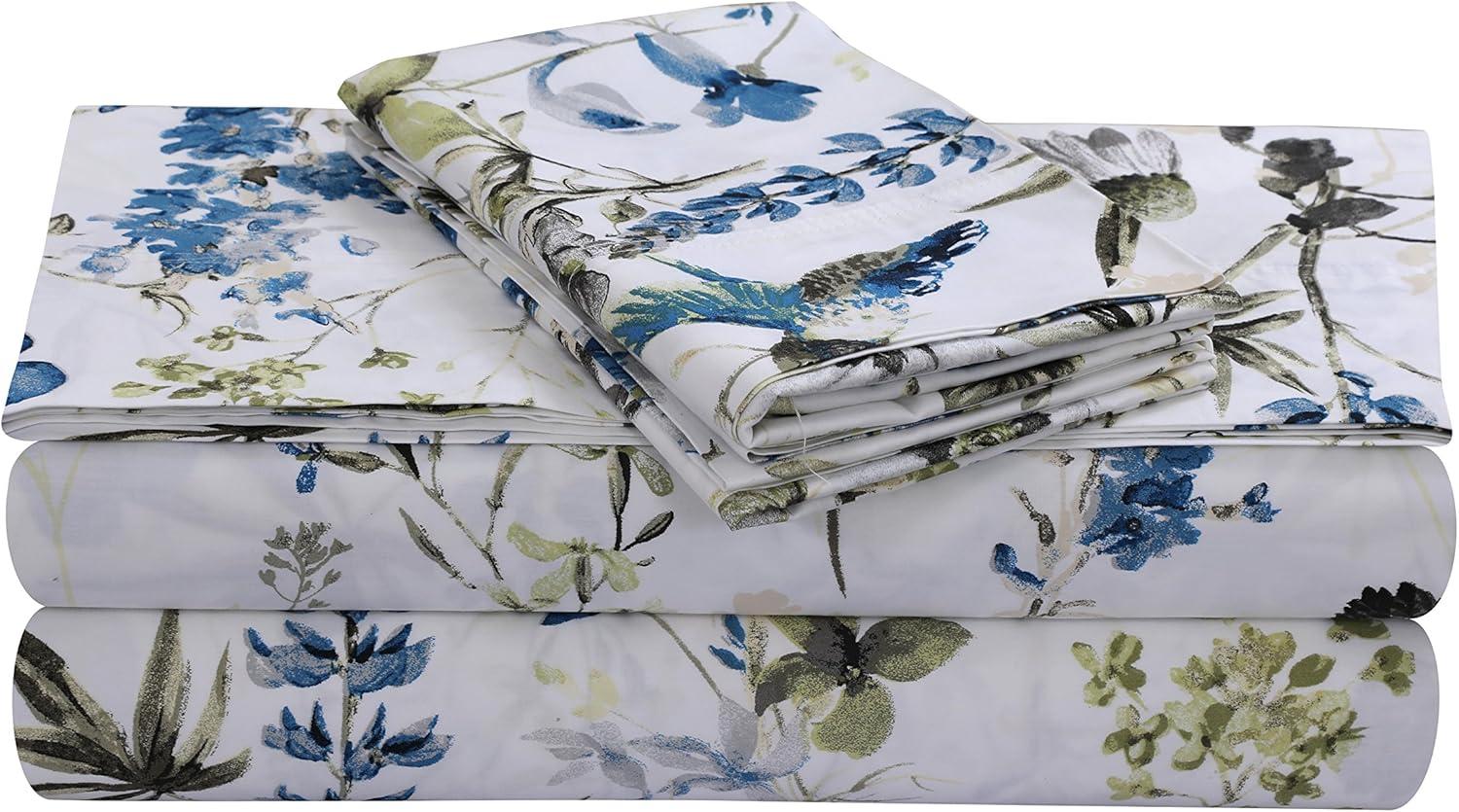 Tribeca Living Standard Cotton Sateen Pillowcases Size Set of 2 Pillow Covers, Floral Print, 300 Thread Count, Luxury Bedding, Amalfi Blue