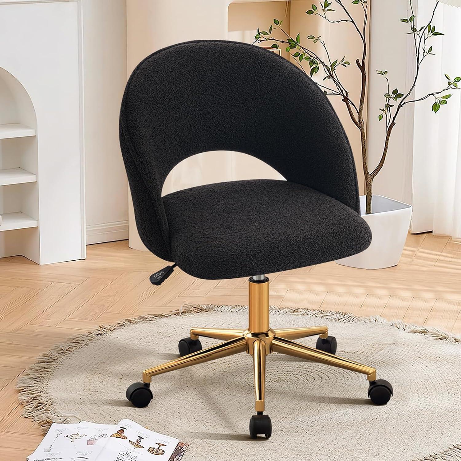 Furniliving Modern Rolling Mid-Back Armless Office Chair Swivel Upholstered Task Chair Open Curved Vanity Chair for Living Room Bedroom, Black