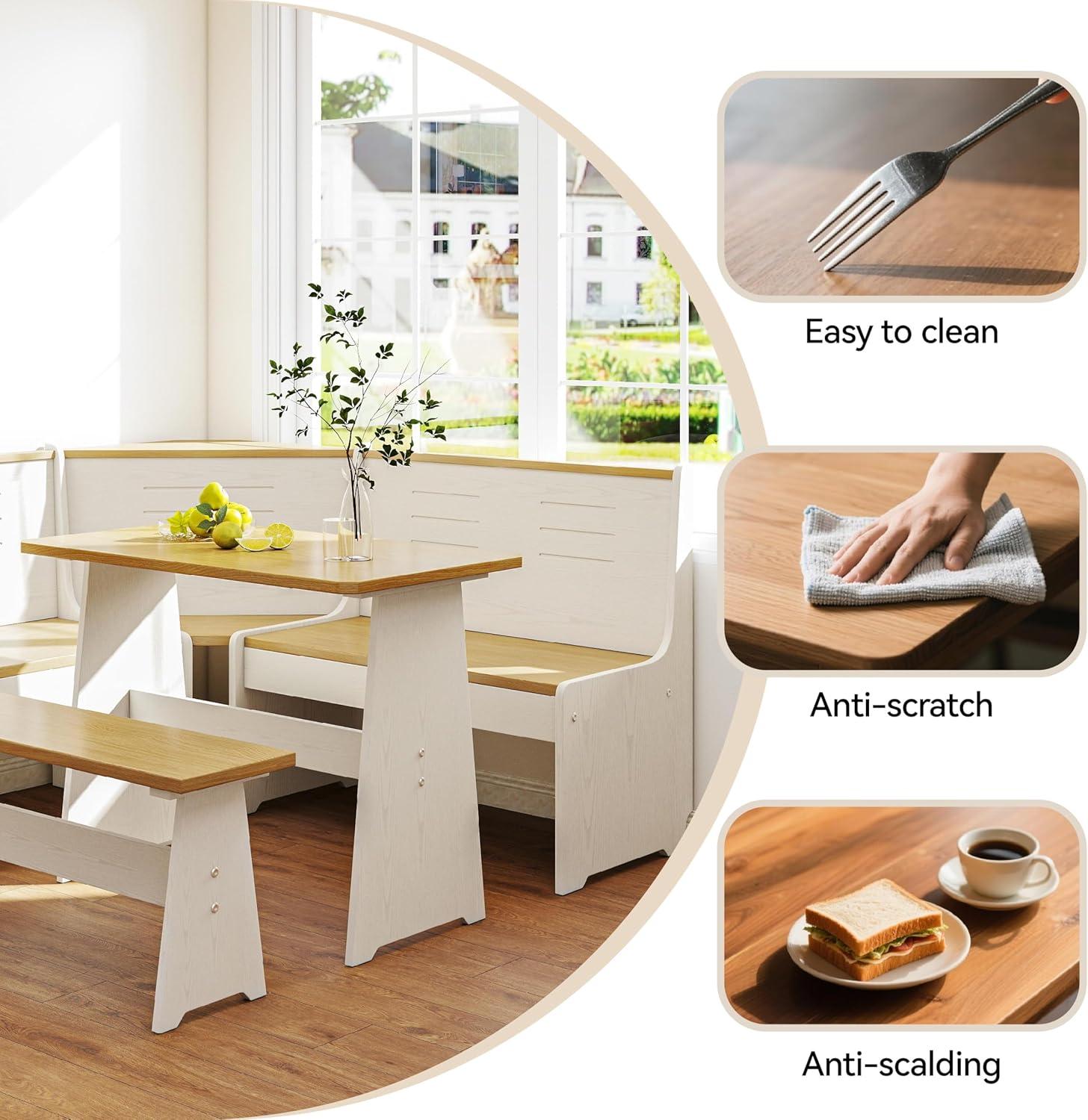 Breakfast Nook Corner Dining Table Kitchen Bench Chair Set, Space-Saving 3-5 People Seat Reversible L-Shape for Family Home White Wood