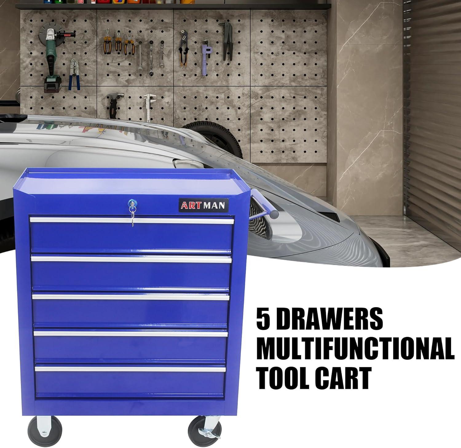 5 Large Drawers Tool Cart on Wheels,Rolling Tool Chest Tool Storage,Drawers Rolling Tool Trolley Organizer Tool Case for Garage, Warehouse, Workshop, Repair Shop (5 Large Drawers-29.3" H-Blue)