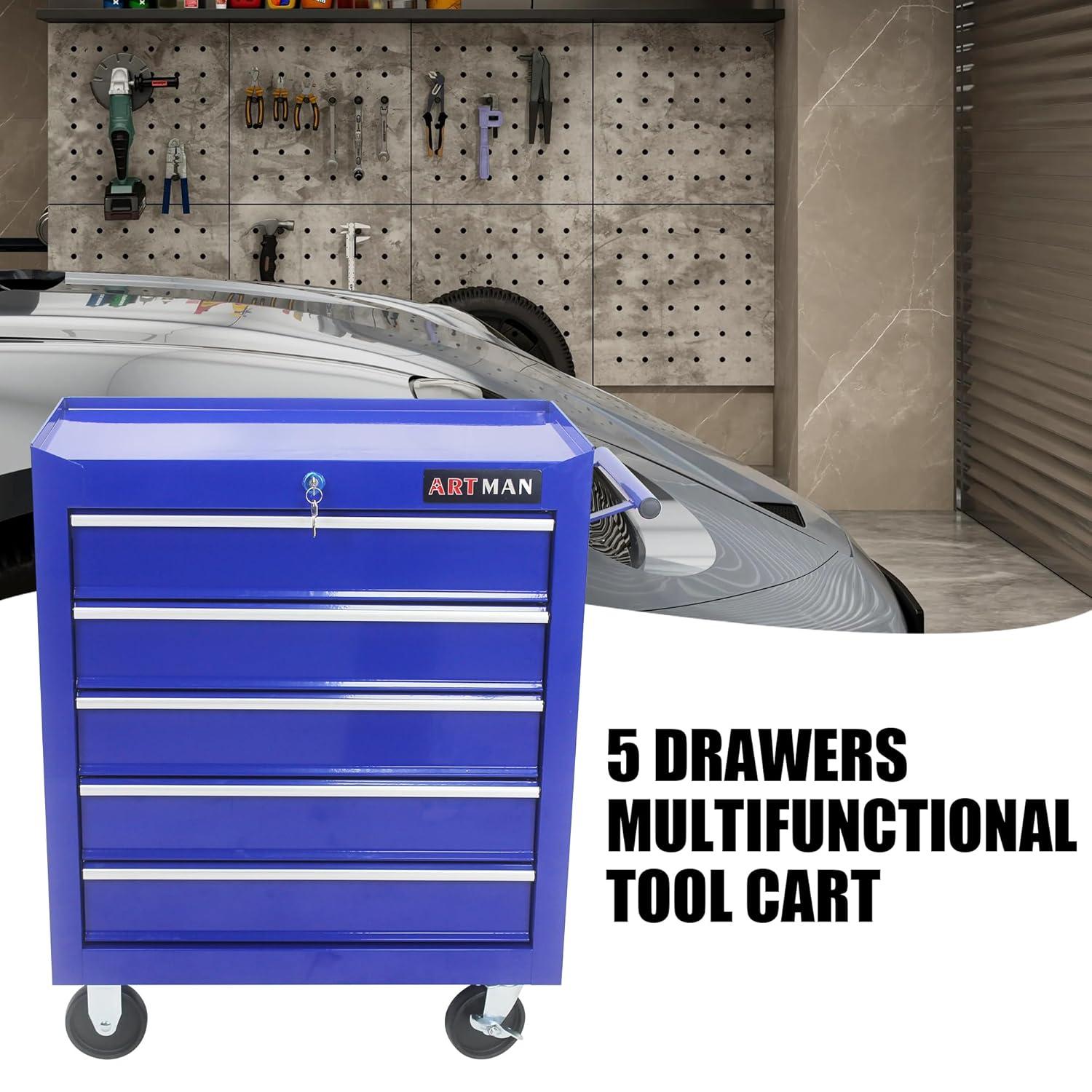 5 Large Drawers Tool Cart on Wheels,Rolling Tool Chest Tool Storage,Drawers Rolling Tool Trolley Organizer Tool Case for Garage, Warehouse, Workshop, Repair Shop (5 Large Drawers-29.3" H-Blue)