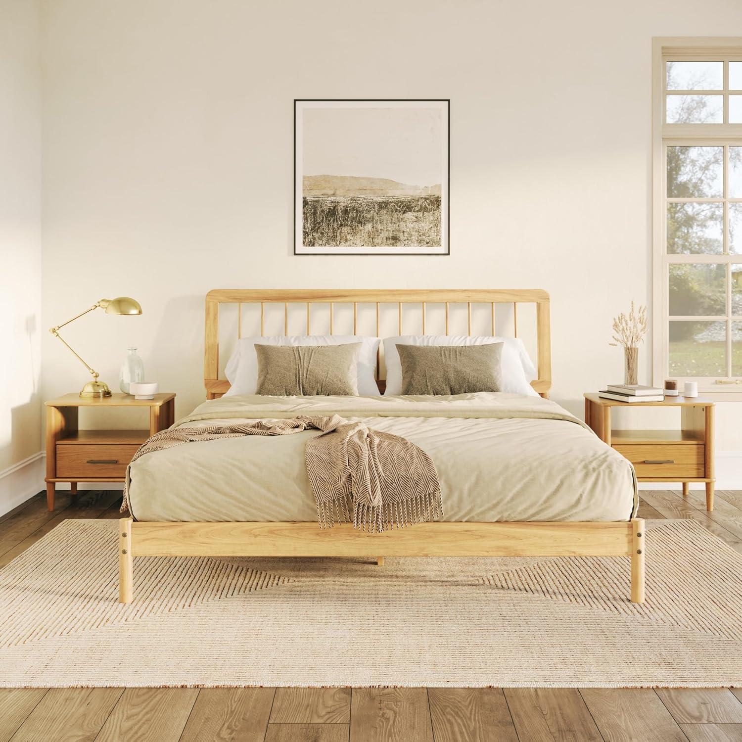 Mid-Century Modern Solid Wood King Spindle Bed – Natural Pine