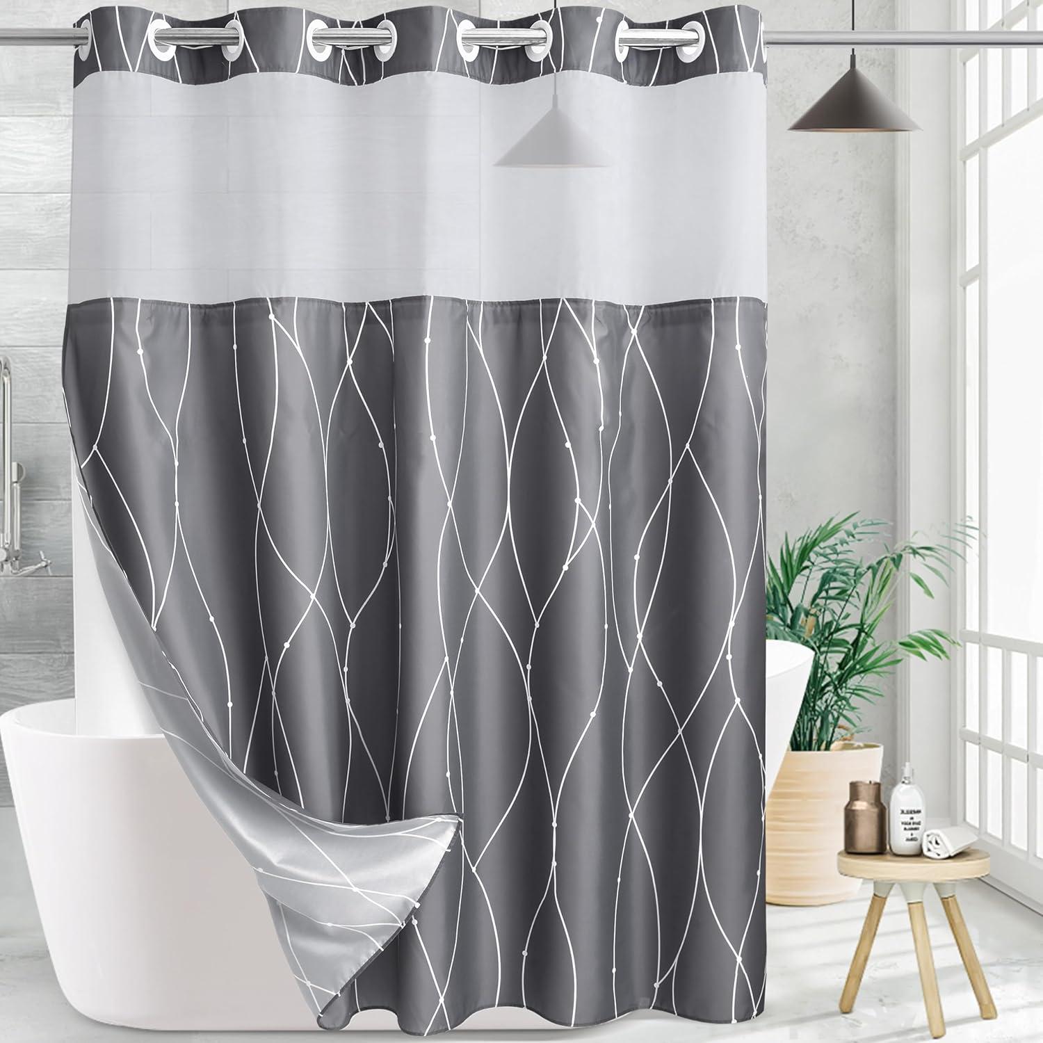 Grey White Striped Fabric Shower Curtain with Snap in Removable Liner for Bathroom Bathtubs,Hotel Shower Curtain and Liner Set with See Through Mesh Top Window,Machine Washable (71"W X 74"H)