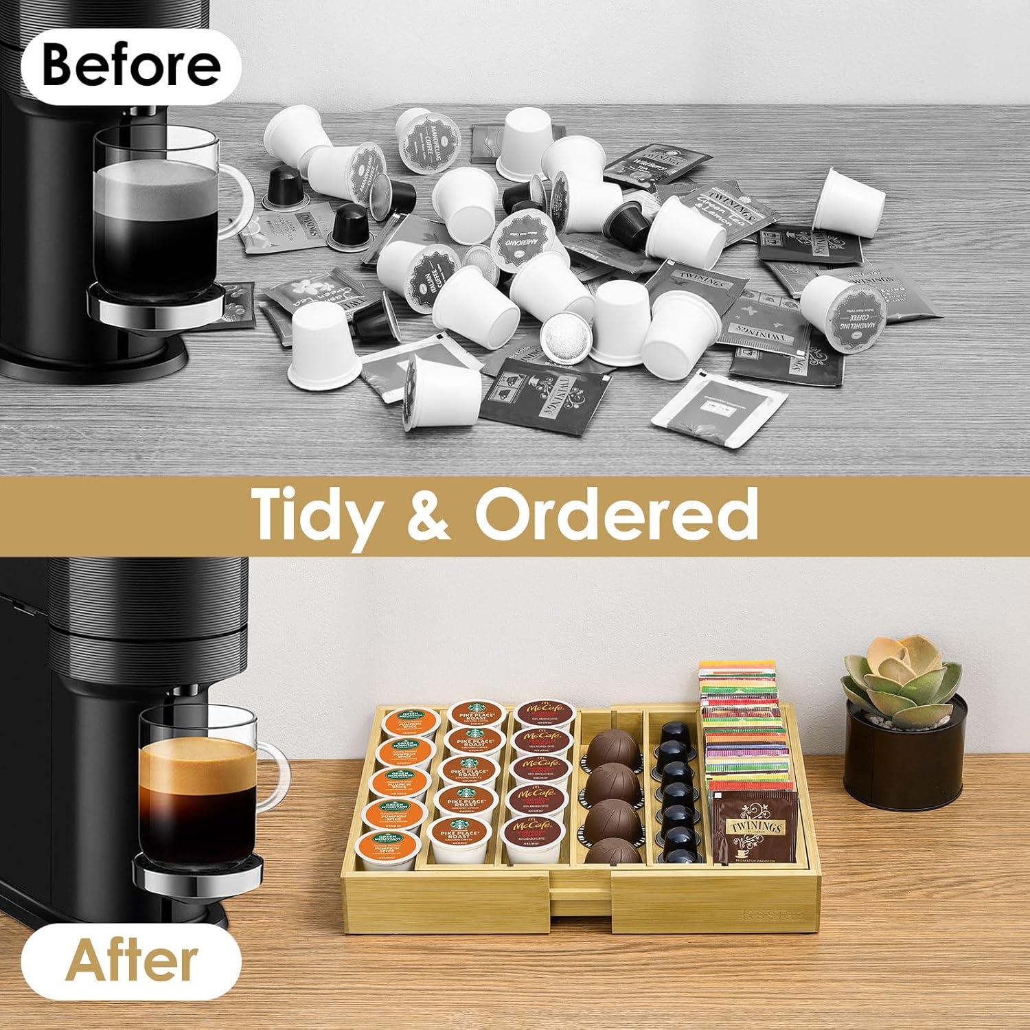 Coffee Pod Holder Drawer, Bamboo K Cup Holder Compatible with Nespresso Vertuo Capsules, 25-45 K Cup Drawer Organizer for Coffee Station Home Office and Kitchen (Bamboo)