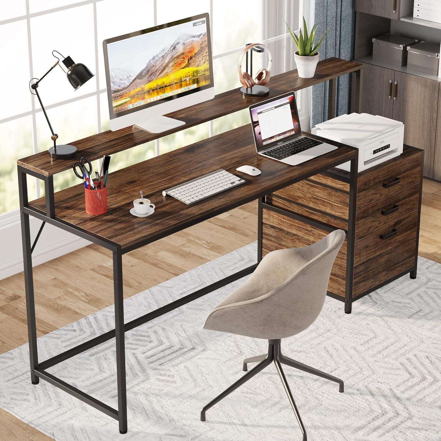 1Easylife 63" Computer Desk with Monitor Stand, Ergonomic Home Office Desks with Drawers File Cabinet Rustic Brown