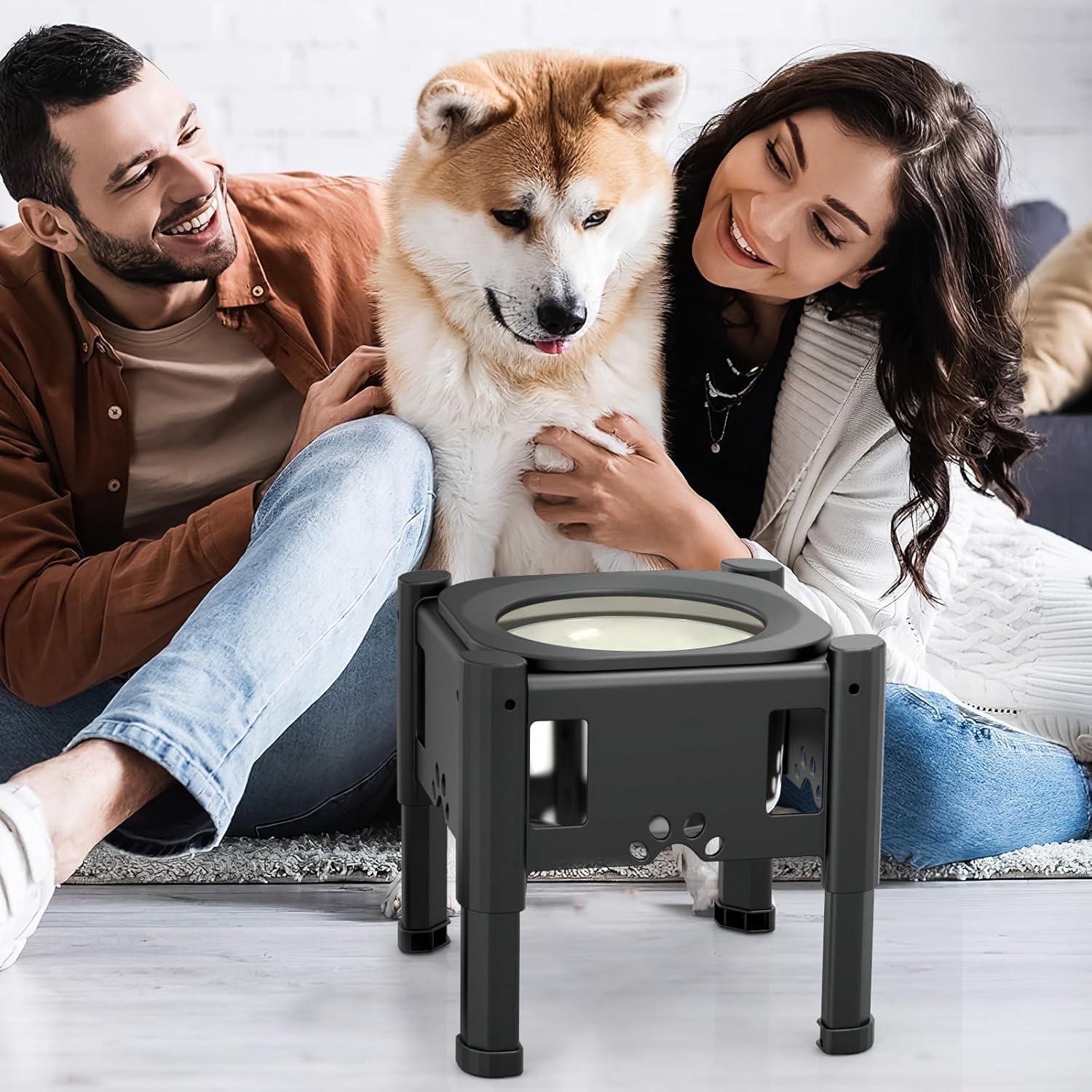 Adjustable Black Elevated Dog Water Bowl with Slow Feeder