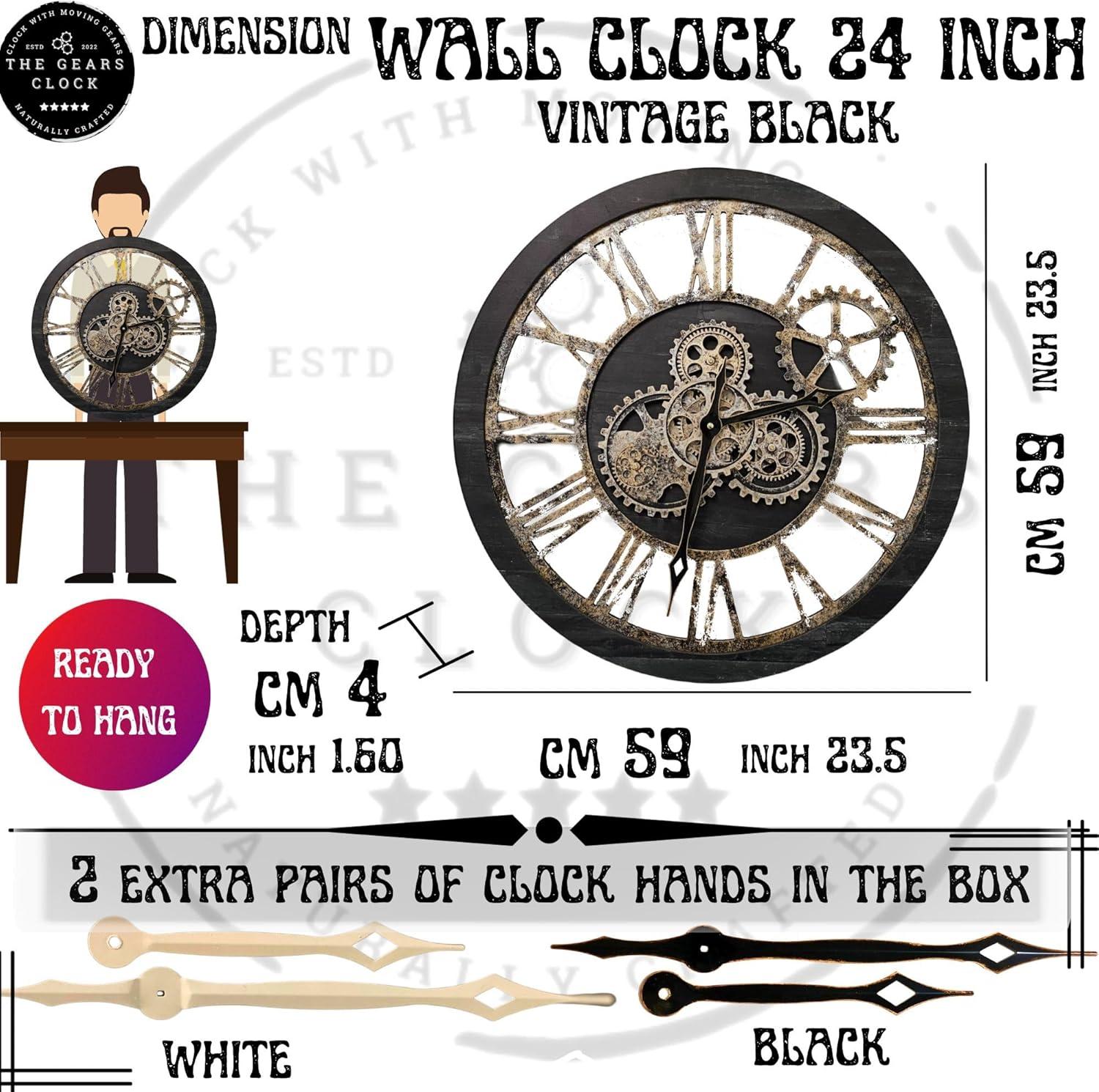 THE GEARS CLOCK Wall Clock with Real Moving Gears AM-LI_ 24 in Round Vintage-Black